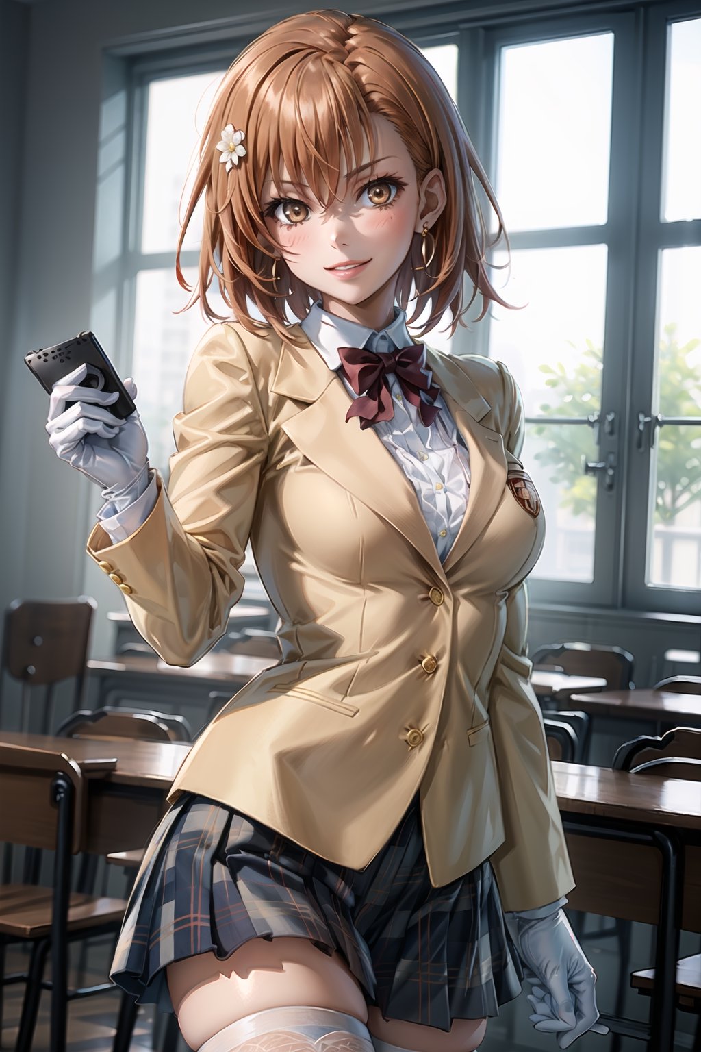 ((best quality)),  ((highly detailed)),  masterpiece,1girl, controller holding_controller ,large breasts, tokiwadai school uniform, red bow, white shirt, collared shirt, blazer, white gloves, long sleeves, plaid skirt, white thighhighs ,1girl, lips:1.2, seductive smile, gyaru ,jewelry, blush, earrings, looking at viewer, standing, cowboy shot, red hair, school, short hair, aamikoto, hair flower,hmmisaki