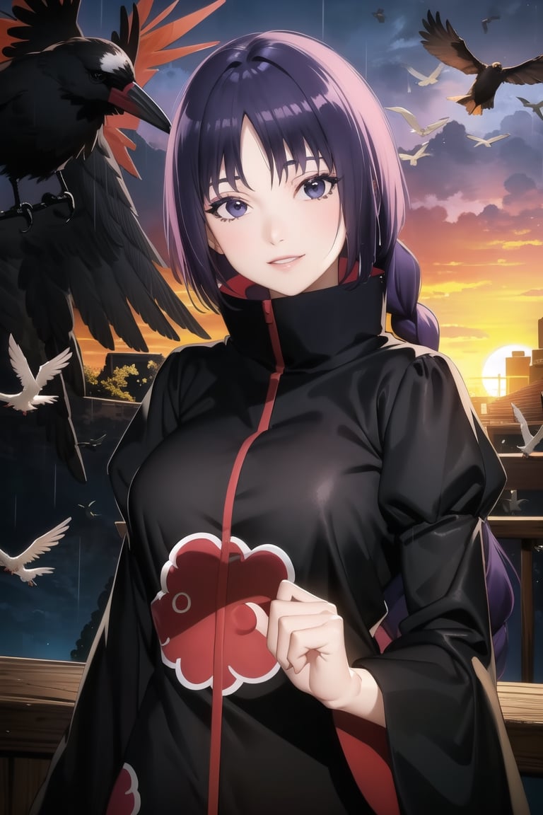 anime, hdr, soft light, ((best quality)), ((masterpiece)), (detailed),  sumire kakei, single braid, purple hair, puple eyes, makeup, head tilt, smile, (lips), (akatsuki outfit:1.1), (puffy_sleeves:1.2), ((juliet_sleeves)),large breast, high neck, high_collar, black dress, long sleeves, looking at viewer, village, (((crows))),sunset, rain, water drop, cloud, nature, ,akatsuki outfit, bird, crow, eagle, black feathers, sunset, orange sky, outdoors, fantasy00d,