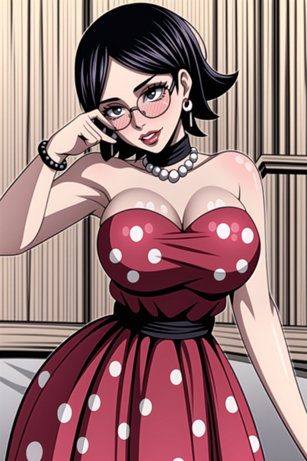 (best quality), (highly detailed), masterpiece, (official art),(sarada, black eyes, jewelry, earrings , choker, glasses, swept bangs),(Stepford),lips, makeup, lipstick,red lips,smile, (pose),(polka dot:1.4), (polka dot dress:1.4),(pearl necklace:1.2), pearl bracelet, bare shoulders,(red dress:1.2),(aroused), nose blush ,standing, big breasts, (large pearl necklace), (hoop earrings:1.2),<lora:659111690174031528:1.0>