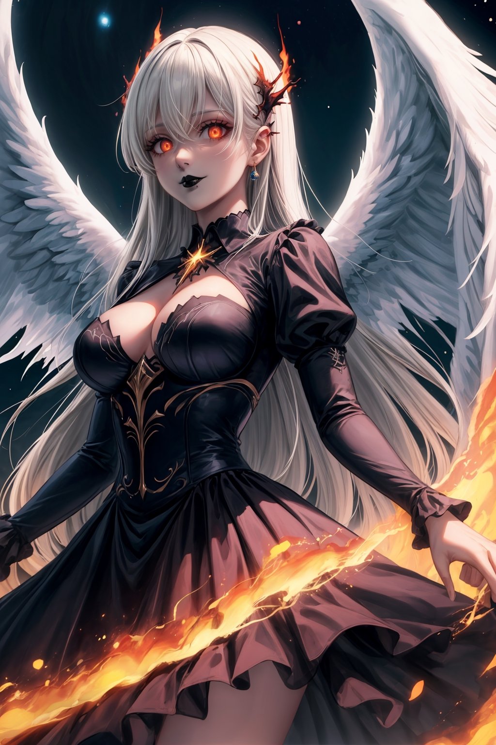 masterpiece, best quality, absurdres, 4k, 8k, uhd create fallen archangel,detailed angel wins, bloodlust, (dutch angle), hell. fire, (black wings),black dress, elizabeth, red glowy eyes, eerie, creepy, nightmarish, very bright colors, light particles, wallpaper art, ((cosmic energy)),high detailed ,evil smile, white hair, ((black lips))