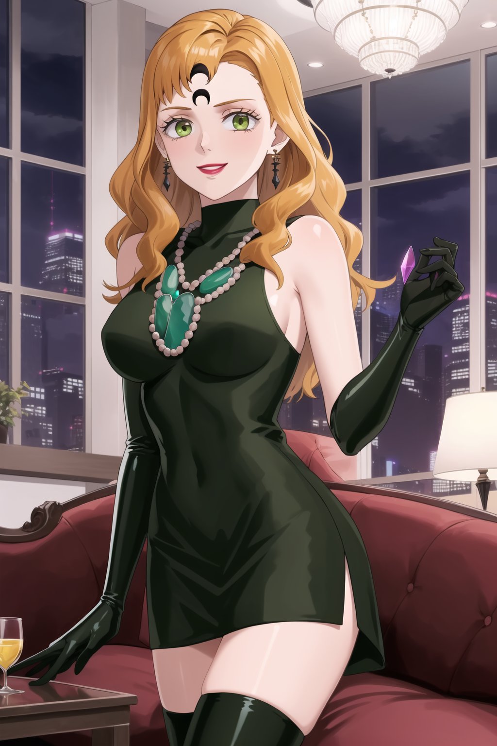 (best quality), (highly detailed), masterpiece, (official art),mimosa vermillion, orange hair, green eyes,, lips, smile, lipstick, makeup, evil smile,
((Forehead mark, crescent facial mark, black crystal earrings, jewelry)).  Dark  dress, esmeraude, black latex, black sleeveless dress, turtleneck_dress, short dress, elbow gloves, green gloves, thighhighs, large necklace, ((gemstone necklace:1.2)), standing,
Modern luxury lounge with dim lighting, featuring sleek black leather sofas, glass tables, and soft ambient lighting from wall sconces. A large window in the background reveals a city skyline at night, adding a touch of sophistication to the scene,