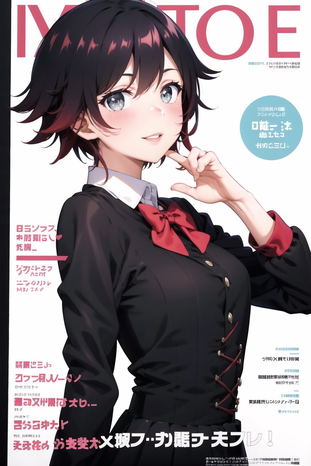 masterpiece, best quality, highres, ((ruby rose)),magazine cover, 1girl, looking at viewer, smile, (upper body), magazine cover, 1girl, looking at viewer, blush,  shirt, long sleeves, white background, dress, school uniform, heart,  parted lips, multiple boys, artist name, 2boys, black dress, string, string of fate, academy school uniform, 