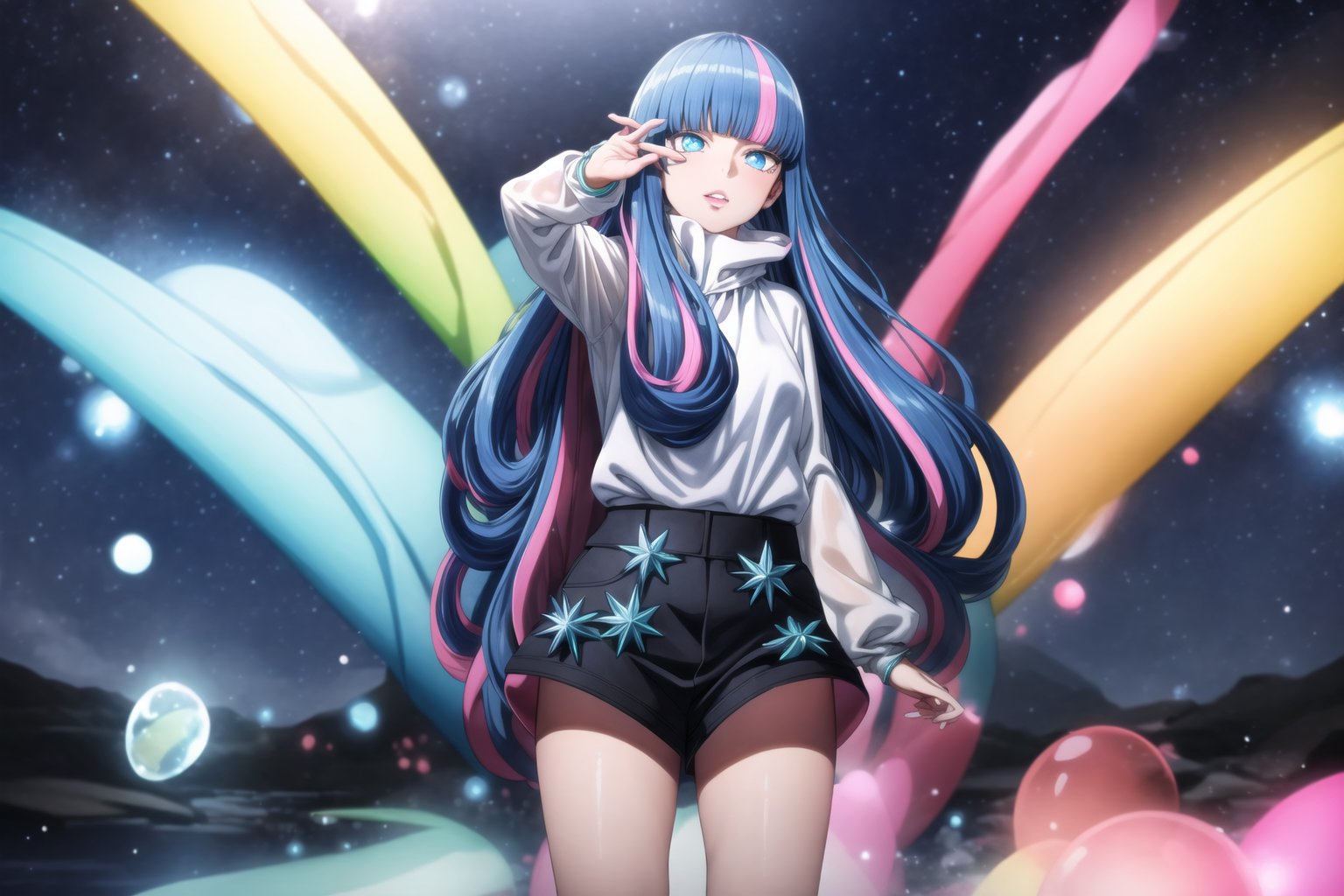 GFX, 1girl, solo, standing, artist name, signature, blurry, no humans, glowing, scenery, light particles, bubble, dark, purple theme,eida,long hair,blue hair,pink hair,multicolored hair,blue eyes,lips,two-tone hair,bangs,blunt bangs, long hair, white sweater, black shorts , Star, Star, posing:1.3