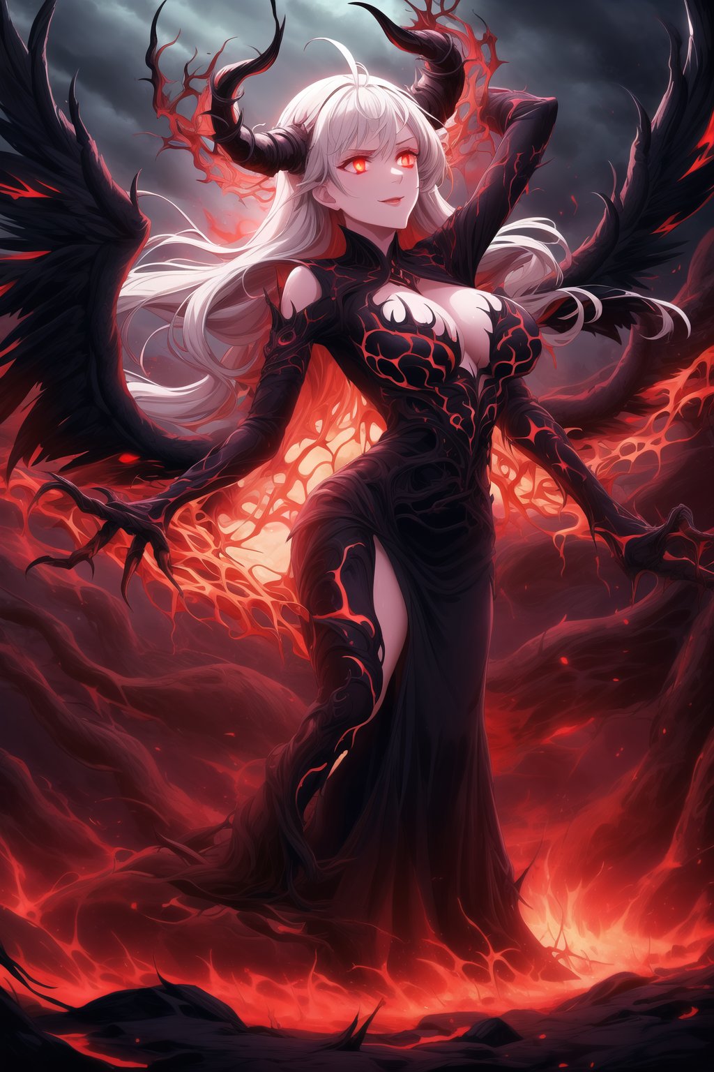 A masterpiece of dark fantasy: elizabeth, malevolent demon, lips curled into an evil smile, long flowing white hair cascading down her back like a fiery waterfall. Her delicate ahoge and intricate black gown billow softly as she floats amidst hell's fiery depths. Black wings spread wide behind her, emitting a darkness-infused light that adds to her ominous presence. Red eyes gleam with malevolent intent as she stands poised, arms outstretched in a violent welcome. Softly glowing fire illuminates her figure, while rays of dark light pierce the heavens above, casting an eerie glow on Rias' demonic form. The hellish landscape before her is bathed in red hues, as if infernal flames are breaking through to create this haunting atmosphere.