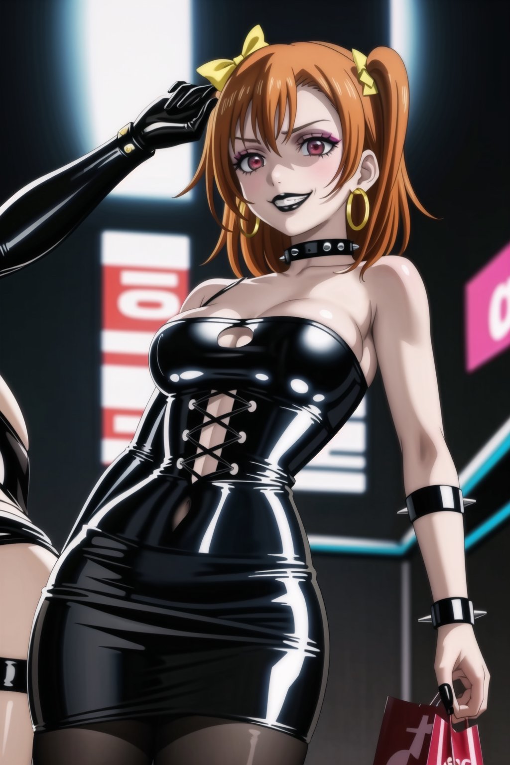 ((best quality)),  ((highly detailed)),  masterpiece,(Black lips:1.4), (white skin:1.4), ((official art)),  detailed face,  beautiful face, (cross-laced clothes:1.3), narrow_waist:1.3, dominatrix:1.4 , (intricate Black dress:1.4), (detailed eyes,  deep eyes),(science fiction, cyberpunk:1.3, street, shopping, pose:1.3, dancing:1.3),((smirk, grin, naughty face, seductive smile, smug)) ,cowboy shot,(lips), kousaka honoka, yellow hair bow, one side up, orange hair,  medium hair, (red eyes:1.3),   (spiked bracelet), corset:1.4, (black hoop earring:1.3), curvaceous, voluptuous body, (makeup:1.5) (lips:1.3), (latex:1.3),  (black tube top:1.2), gloves,elbow gloves, skirt, black choker, pencil skirt, pantyhose, miniskirt, (black skirt), black gloves, black legwear, black nails,large breasts:1.2, (intricately detailed, hyperdetailed), blurry background, depth of field, best quality, masterpiece, intricate details, tonemapping, sharp focus, hyper detailed, trending on Artstation, 1 girl, solo, high res, official art,RockOfSuccubus,kousaka honoka,honoka kousaka,,<lora:659111690174031528:1.0>