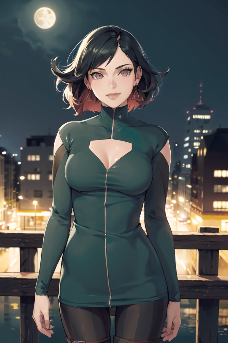 masterpiece, best quality, Ruby rose, short hair, delta_dress, earrings, smile, (upper body), best quality, masterpiece, intricate details, scenary, city, outdoors, night, sky, moon, trending on Artstation,1 girl, solo,looking at viewer, thigh gap, cowboy shot, standing,(intricately detailed, hyperdetailed), blurry background,depth of field, best quality, masterpiece, intricate details, tonemapping, sharp focus, hyper detailed, trending on Artstation,1 girl, high res, official art,atlasrose,ruby rose