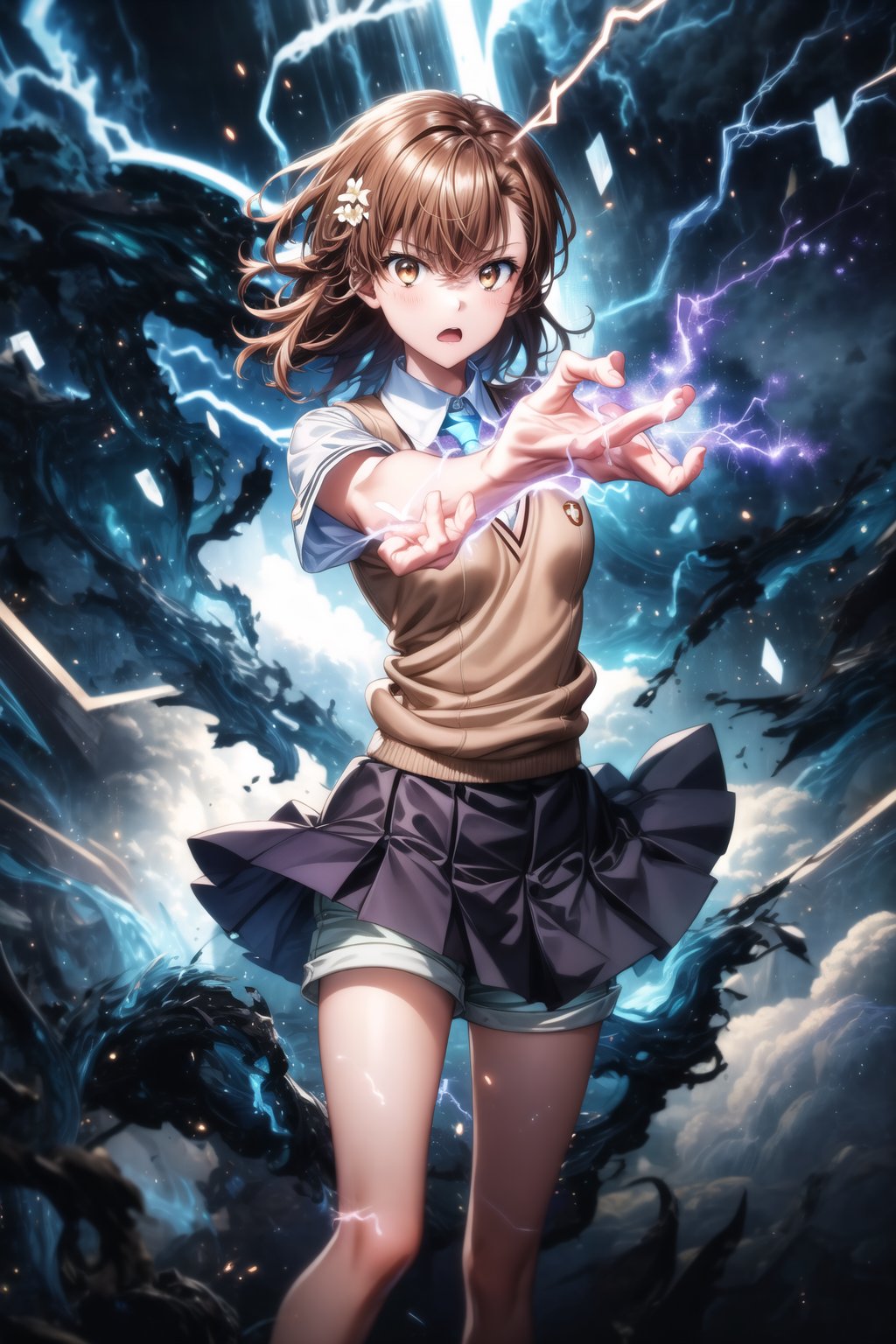 1girl, mikoto_misaka, short hair, brown hair, brown eyes, school_uniform, skirt, electricity, electric_charge, lightning_bolt, standing, side_view, arms extended, charging energy, fierce expression, sparks flying, electricity arcing between her hands, huge lightning bolt forming, glowing blue aura around her body, debris floating due to energy, wind blowing her hair and clothes, GFX elements: neon electric currents, glowing sparks, electric streaks in the air, shockwaves, dynamic lighting with high contrast, glowing effects around her body, shattered ground from the impact of power, floating particles, motion blur on the lightning arcs, energy distortions, sharp highlights on electricity, dark stormy clouds,aamikoto, white shirt, sweater vest, short sleeves, grey skirt, shorts under skirt, hair flower