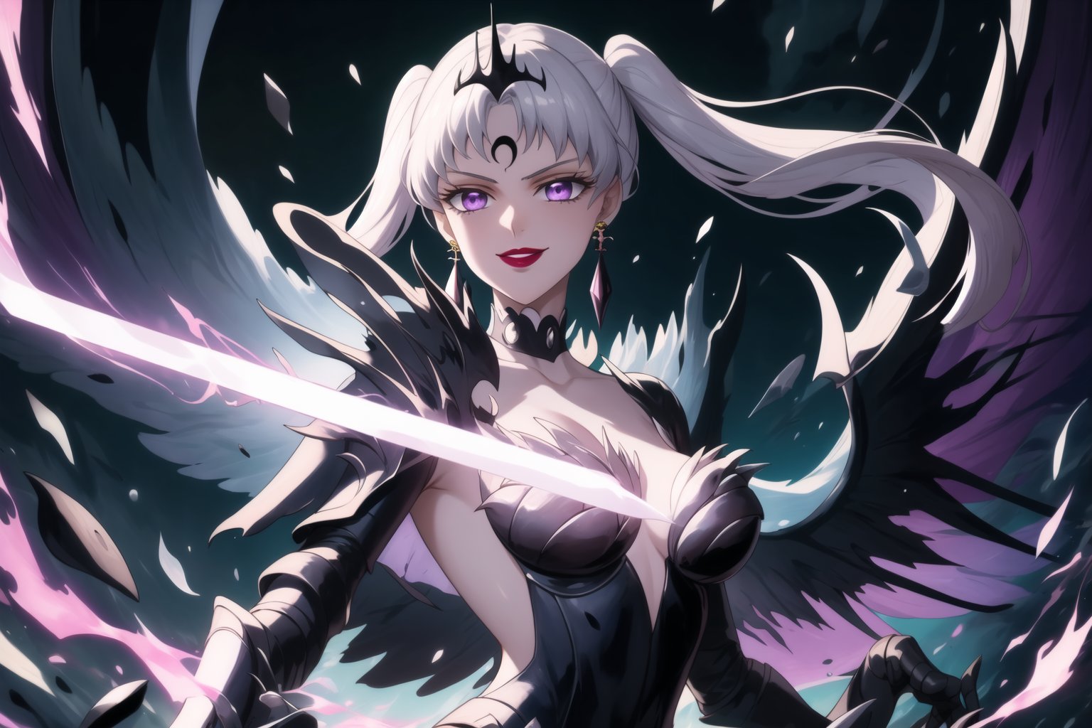 Here is a high-quality prompt for generating an image:

Official art masterpiece by noelle_silva,silver hair,twintails,bangs,purple eyes, Dark Thunder, aged up, poses confidently with silver hair flowing in the darkness. Her evil smile spreads across lips painted with bold lipstick, as she summons dark electricity to attack her foe. She wears retro-inspired armor, gloves, and jewelry, including black crystal earrings and a choker. A crescent-shaped facial mark glows ominously on her forehead. In the background, a subtle hint of a black moon casts an eerie shadow, further emphasizing her malevolent aura. Armor, wings, Holdibg a Dark Sword while charge a energy attack,