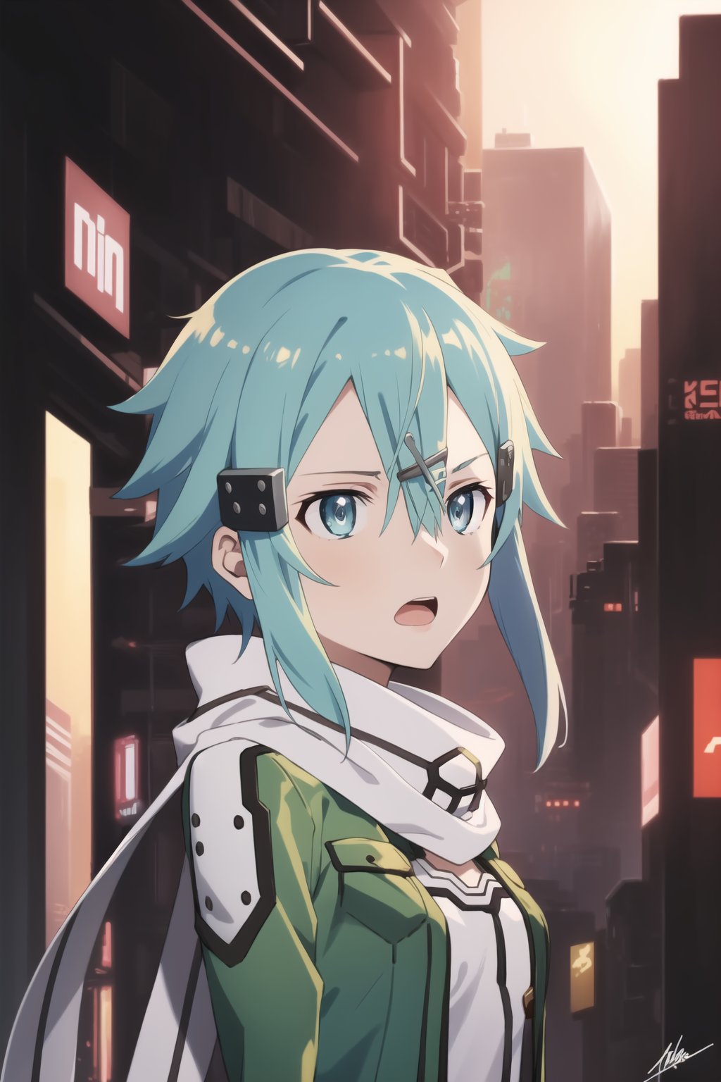 (best quality), (highly detailed), masterpiece, (official art), ((sinon1, cyberpunk, hair ornament, hairclip)), 1girl, upper body, bangs, blue eyes, blue hair, blurry, blurry background, fingerless gloves, green jacket, hair between eyes, hair ornament, hairclip, highres, jacket, long sleeves, outdoors, scarf, short hair, short hair with long locks, sidelocks, signature, sinon, solo, sunset, sword art online, turning head, ((open eyes, shocked expression,fear)), open mouth, 
