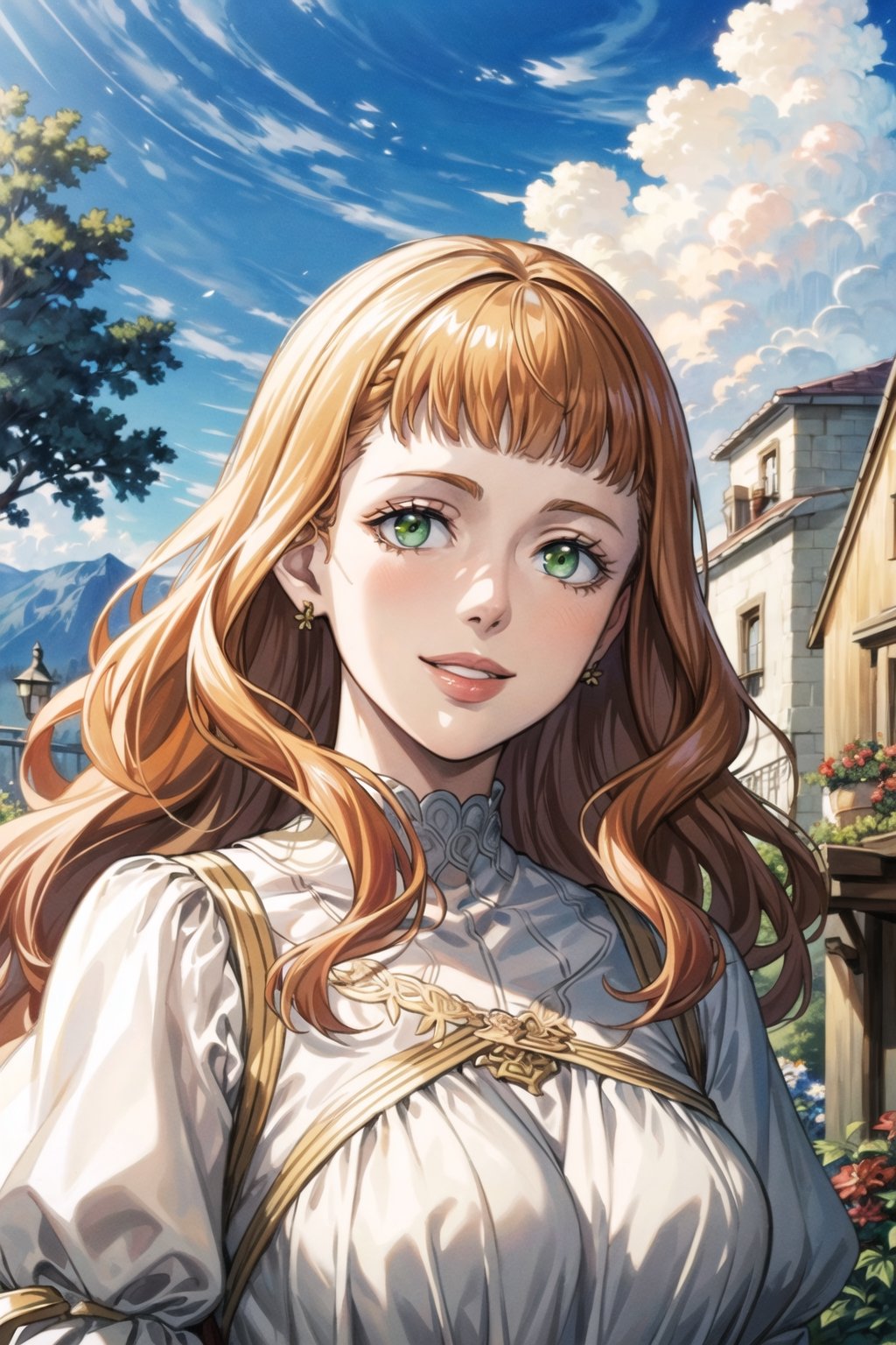 ((best quality)), ((highly detailed)), masterpiece, ((official art)), mimosa vermillion, orange hair, green eyes, floating_hair, smile, (lips), WHITE DRESS, best quality, masterpiece, intricate details, scenary, outdoors, flower, tree, day, cloud,trending on Artstation