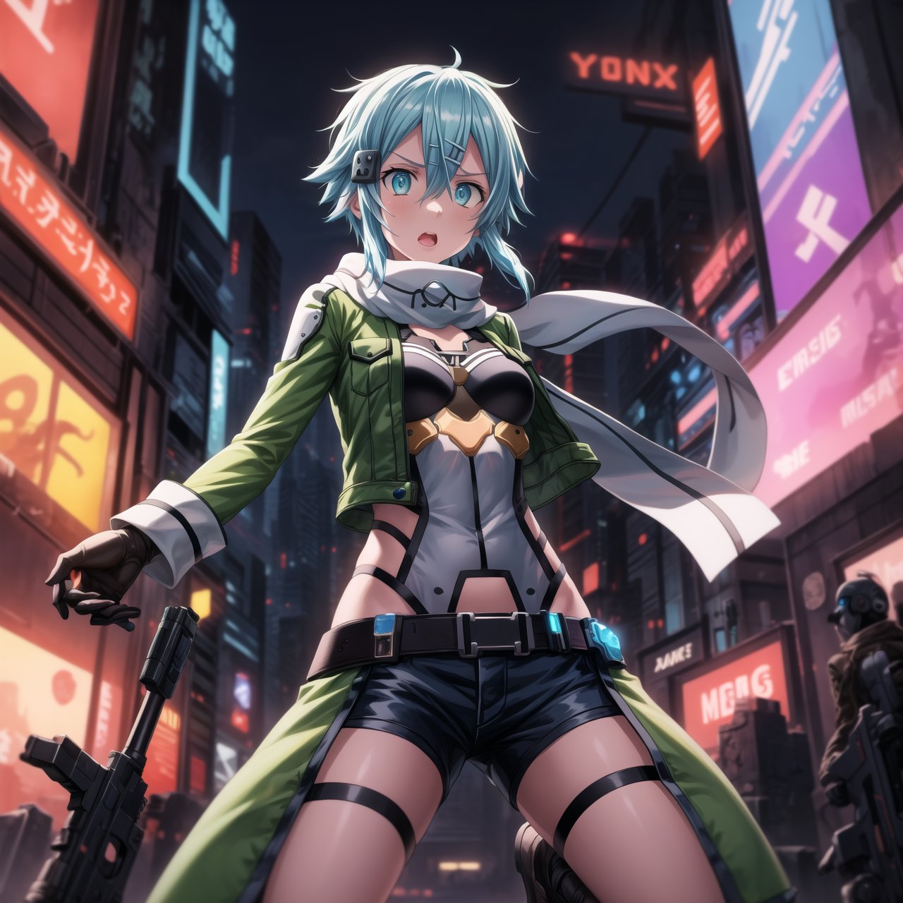 ((Best quality)), masterpiece, Sinon1, (surprised:1.5), lips, aiming at viewer, holding pistol, ((Sinon, cyberpunk, hair ornament, hairclip)), ((arms outstretched, pose)), 1girl, bangs, belt pouch, black gloves, black shorts, blue eyes, blue hair, fingerless gloves, green jacket, green legwear, gun, hair between eyes, hair ornament, hairclip, highres, jacket, long sleeves, outdoors, handgun, scarf, shadow, short hair, short hair with long locks, short shorts, shorts, sidelocks, Sinon, pistol, solo, sword art online, weapon, Anime illustration, post-apocalyptic cyberpunk setting, cowboy shot.

Sinon is on her knees, out of breath and agitated, with a surprised expression, lips slightly parted, as she senses something or someone behind her. She is holding her handgun, arms outstretched, aiming it at the viewer but glancing over her shoulder with wide eyes. The background features a ruined cityscape with neon signs, broken buildings, and flickering lights, enhancing the cyberpunk atmosphere. The scene is lit with a mix of neon glows and dark shadows, emphasizing the chaotic and dystopian environment, reinforcing the tension and her heightened sense of alertness.