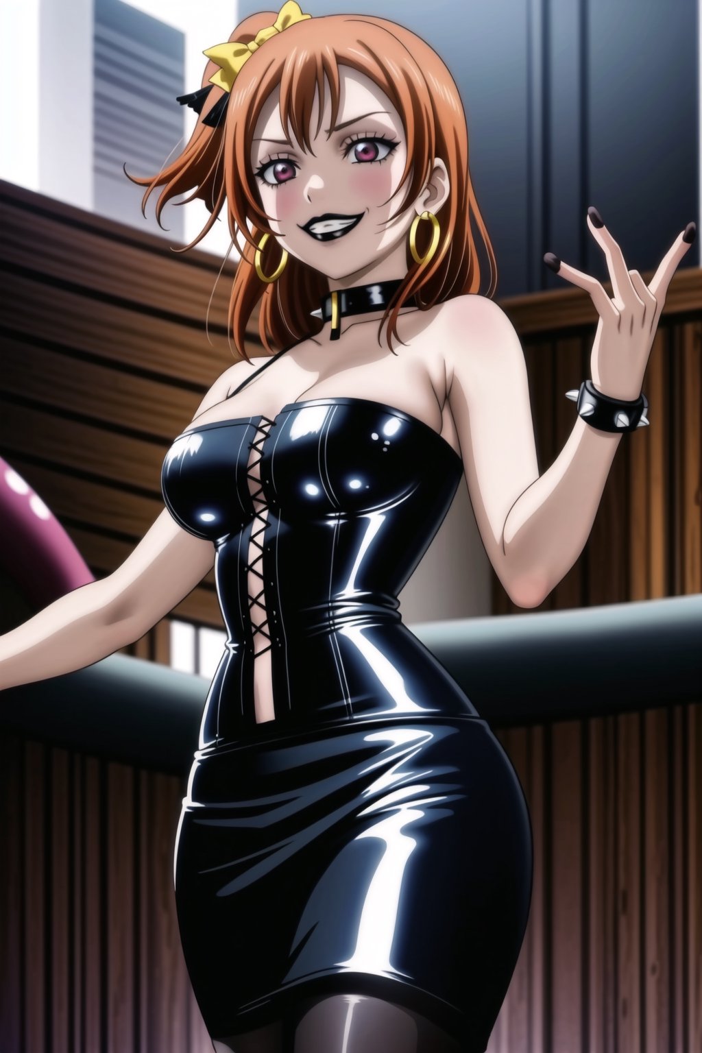 ((best quality)),  ((highly detailed)),  masterpiece,(Black lips:1.4), (white skin:1.4), ((official art)),  detailed face,  beautiful face, (cross-laced clothes:1.3), narrow_waist:1.3, dominatrix:1.4 , (intricate Black dress:1.4), (detailed eyes,  deep eyes),(science fiction, cyberpunk:1.3, street, shopping, pose:1.3, dancing:1.3),((smirk, grin, naughty face, seductive smile, smug)) ,cowboy shot,(lips), kousaka honoka, yellow hair bow, one side up, orange hair,  medium hair, (red eyes:1.3),   (spiked bracelet), corset:1.4, (black hoop earring:1.3), curvaceous, voluptuous body, (makeup:1.5) (lips:1.3), (latex:1.3),  (black tube top:1.2), gloves,elbow gloves, skirt, black choker, pencil skirt, pantyhose, miniskirt, (black skirt), black gloves, black legwear, black nails,large breasts:1.2, (intricately detailed, hyperdetailed), blurry background, depth of field, best quality, masterpiece, intricate details, tonemapping, sharp focus, hyper detailed, trending on Artstation, 1 girl, solo, high res, official art,RockOfSuccubus,kousaka honoka,honoka kousaka,,<lora:659111690174031528:1.0>