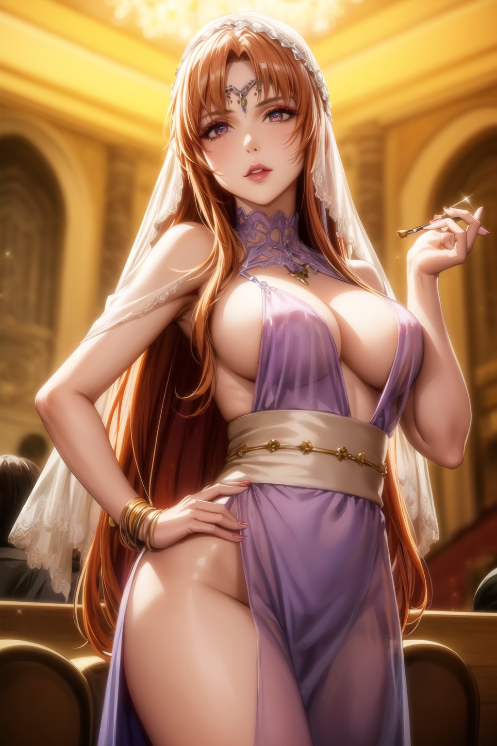 ((best quality)), ((highly detailed)), masterpiece, ((official art)), detailed face, beautiful face, (detailed eyes, deep eyes), seductive posing, (cowboy shot),asuna yuuki, long hair, brown eyes, orange hair, red hair, purple lips:1.2, v3il, face veil, (forehead jewel opal), crystal head veil, (cowboy shot), eyeliner, eyeshadow, makeup, ,ethereal nightgown, (sash), (cowboy shot), grand hall, . shallow depth of field, vignette, highly detailed, high budget, bokeh, cinemascope, moody, epic, gorgeous, film grain, grainy,jyojifuku,asuna yuuki, veil, see-through