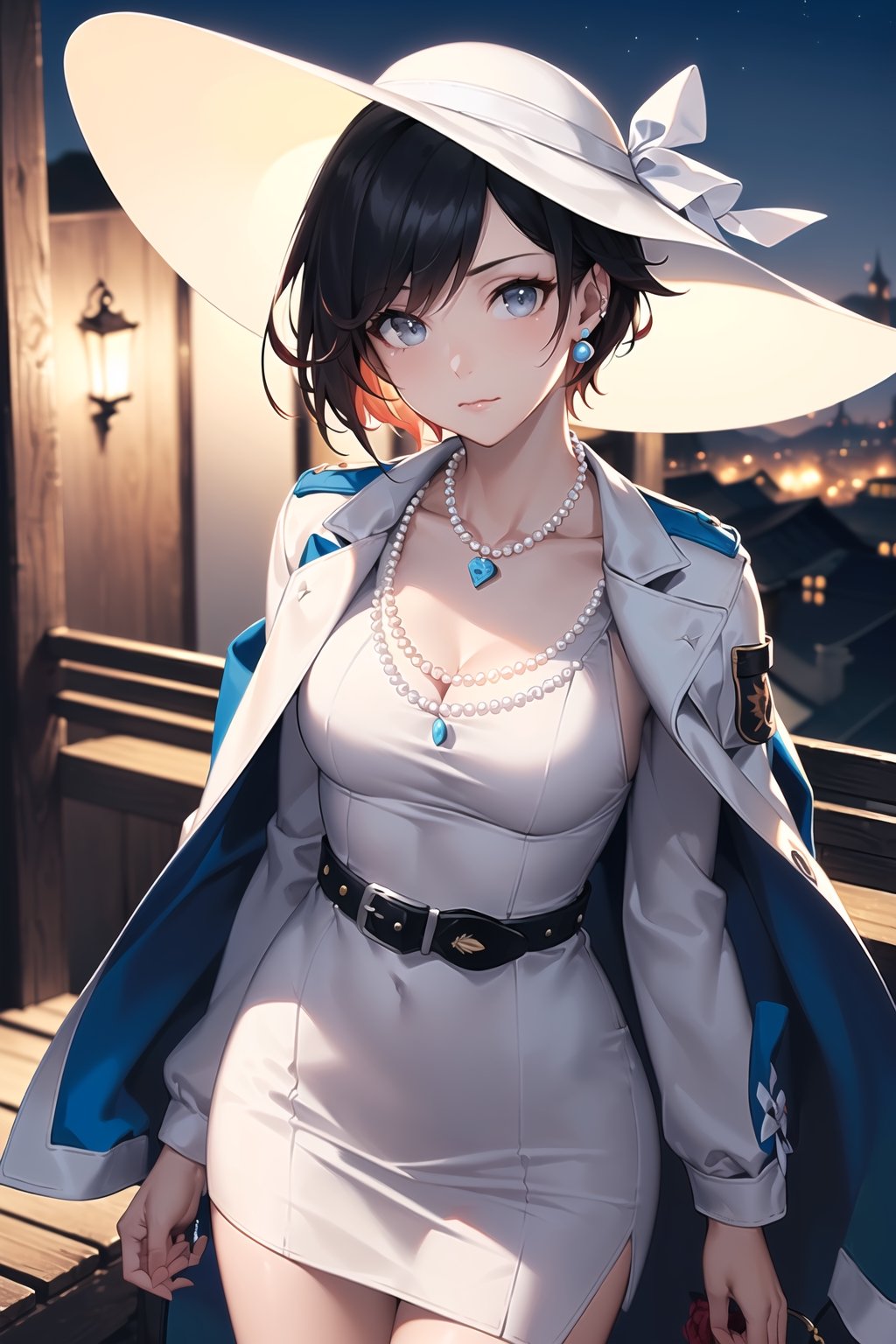 (best quality), (highly detailed), masterpiece, (official art), ,(ruby rose:1.2), lips:1.2, lips, blue earrings:1.3 ((long sleeves, hat, dress, ribbon, closed mouth, collarbone, jacket,  belt, white dress,  white headwear, hat ribbon, blue ribbon, blue jacket:1.2, pearl necklace, cropped jacket, sun hat, v arms:1.3)), looking at viewer, china, asiática, city, night, sky,  (intricately detailed, hyperdetailed), blurry background,depth of field, best quality, masterpiece, intricate details, tonemapping, sharp focus, hyper detailed, trending on Artstation,1 girl, high res, official art,StandingAtAttention,bestiality