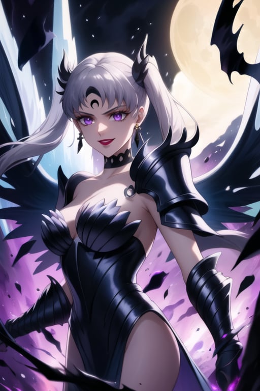 Here is a high-quality prompt for generating an image:

Official art masterpiece by noelle_silva,silver hair,twintails,bangs,purple eyes, Dark Thunder, aged up, poses confidently with silver hair flowing in the darkness. Her evil smile spreads across lips painted with bold lipstick, as she summons dark electricity to attack her foe. She wears retro-inspired armor, gloves, and jewelry, including black crystal earrings and a choker. A crescent-shaped facial mark glows ominously on her forehead. In the background, a subtle hint of a black moon casts an eerie shadow, further emphasizing her malevolent aura. Armor, wings, Holdibg a Dark Sword while charge a energy attack,