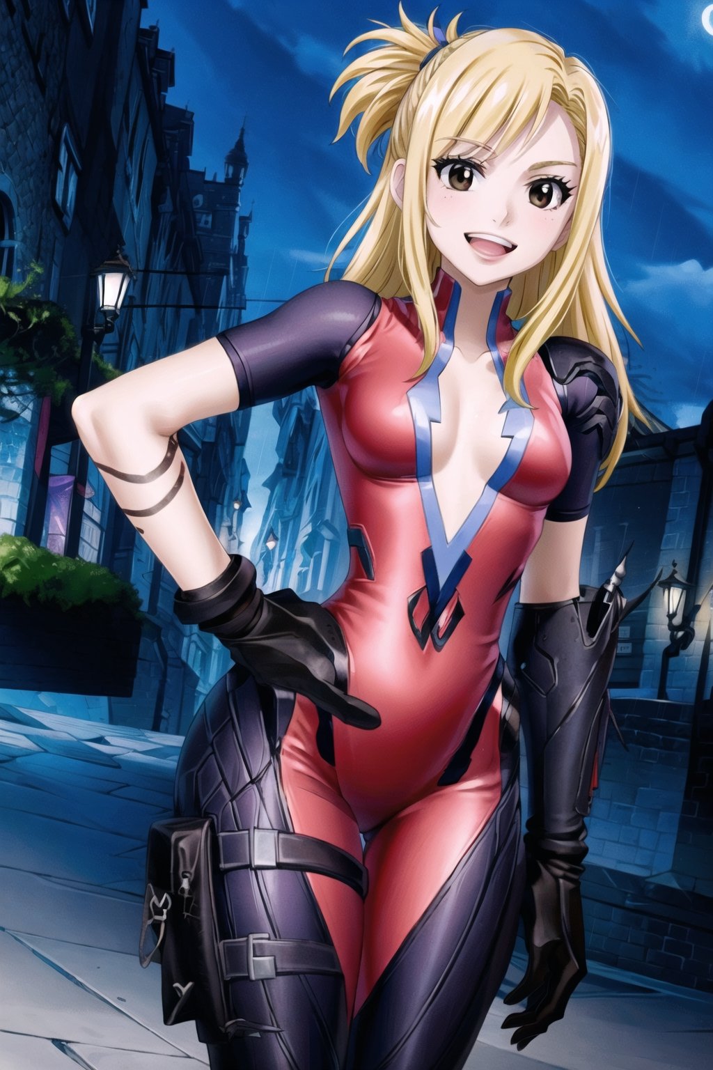 ((best quality)), ((highly detailed)), masterpiece, ((official art)), Lucy_Heartfilia,  ligth smile, hand on hip, (widowsuit:1.2), medium breasts, tattoo, (arm tattoo:1.2) ,pose, best quality, masterpiece, intricate details, scenary, city, outdoors, rain, water drop, night, sky, moon, trending on Artstation, thigh gap,  black gloves