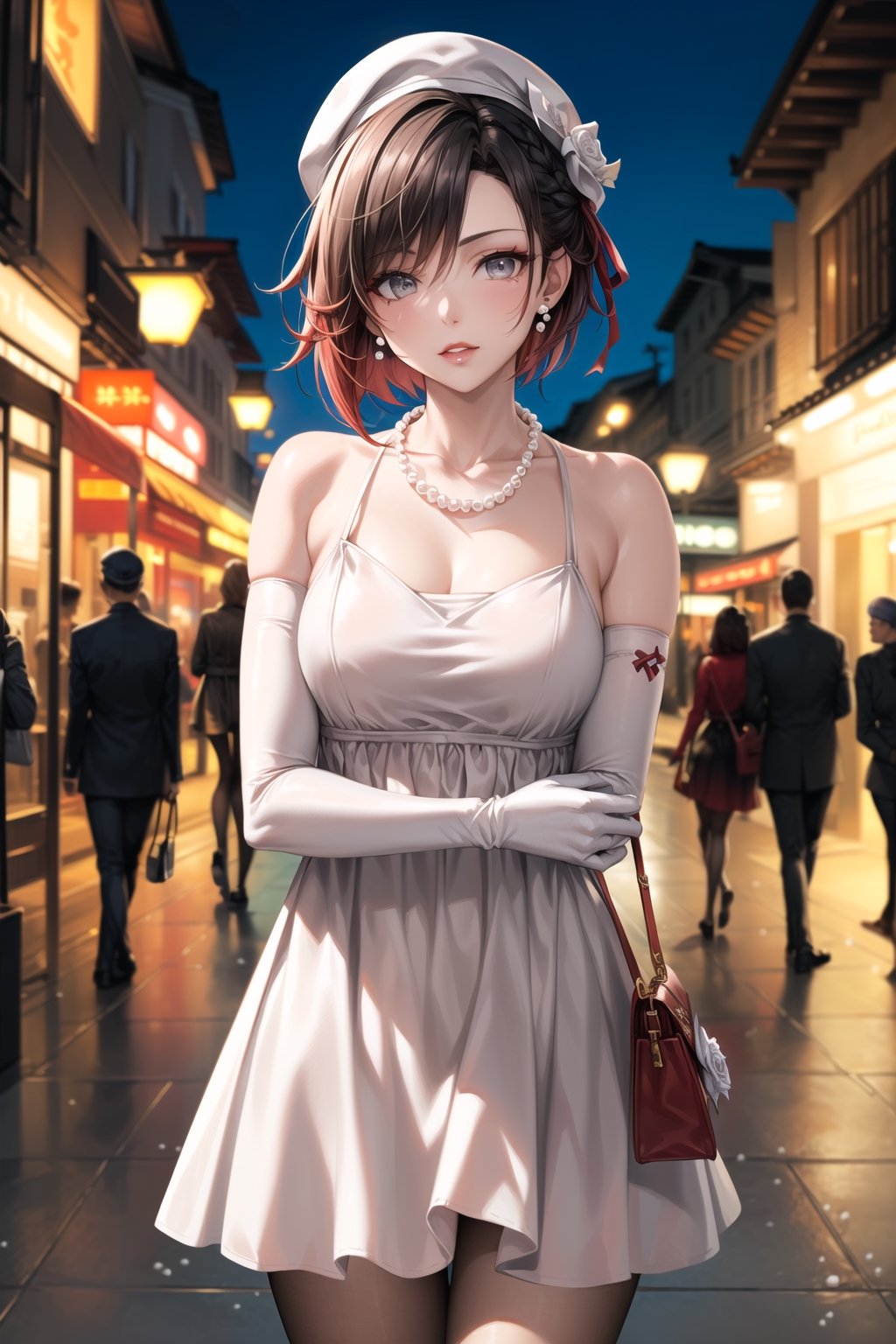 (best quality), (highly detailed), masterpiece, (official art), ,(ruby rose:1.2, hair bun:1.3), makeup:1.3, (lips:1.2), parted_lips, blue earrings:1.3,jewelery:1.3,((long sleeves,  elbow gloves:1.2,dress, ribbon, ccollarbone, white dress:1.3,  white headwear,  pearl necklace:1.3, holding, holding bag, v arms:1.3)), looking at viewer, china, asiática, city, night, sky,  (intricately detailed, hyperdetailed), blurry background,depth of field, best quality, masterpiece, intricate details, tonemapping, sharp focus, hyper detailed, trending on Artstation,1 girl, high res, official art,StandingAtAttention,bestiality