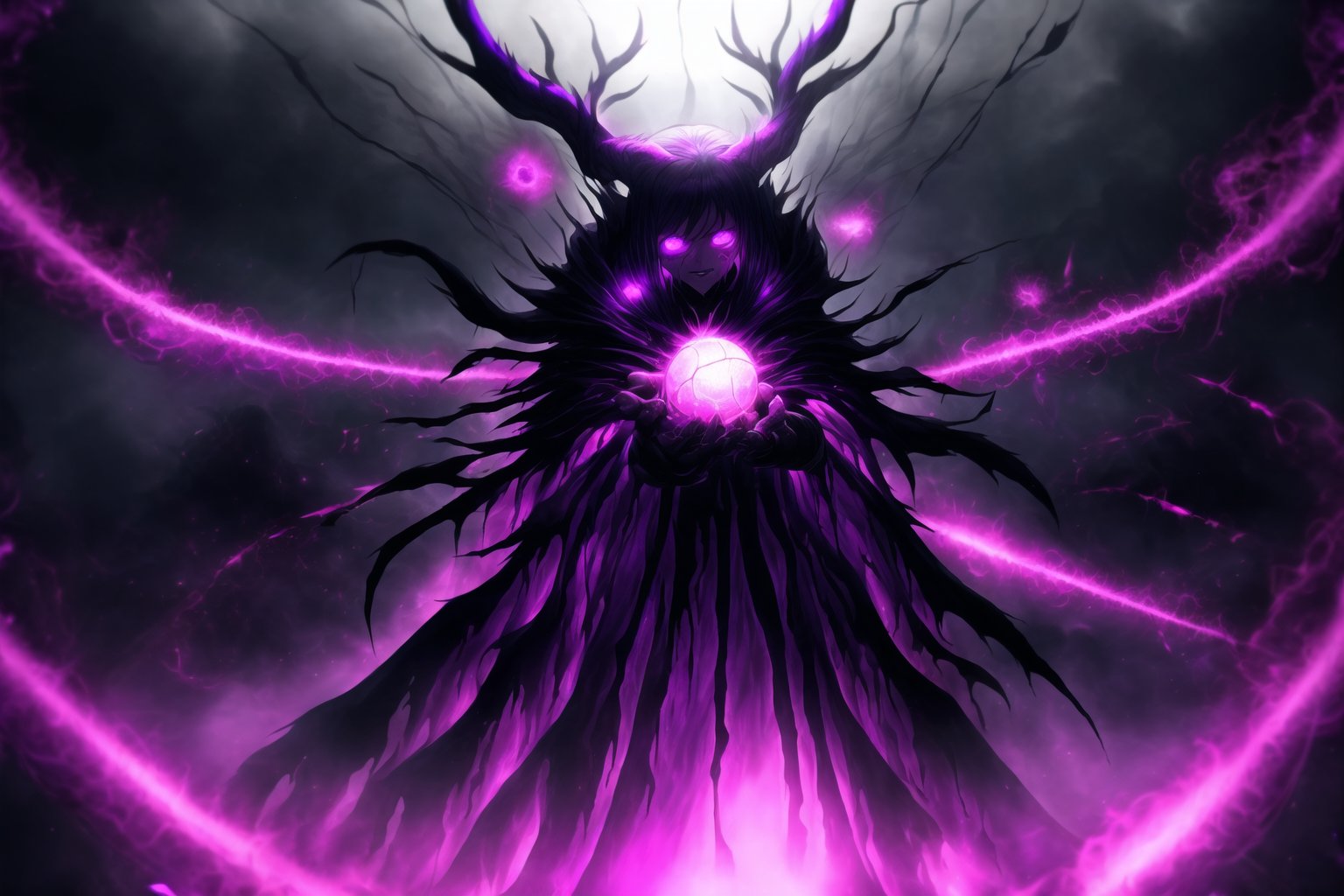 "Dark Sorceress Gwendolyn's Forbidden Power":
gwentennyson, long red hair, now twisted by dark magic, stands menacingly in her corrupted form. Her once-vibrant violet mage attire has transformed into a shadowy, tattered robe, pulsating with forbidden runes and dark flames. Her eyes glow with an ominous purple hue, and her expression is one of cruel dominance. In one hand, she clutches a cursed, blackened grimoire with glowing violet symbols that pulse with dark energy. Her other hand conjures an ominous ball of dark magic, swirling with shadowy tendrils and streaks of purple lightning.
The background is a dark, shattered void, filled with jagged cracks that leak sinister energy. Magic circles of forbidden glyphs spin around her, their deep purples and blacks contrasting against the darkened backdrop. Glistening, arcane chains twist and writhe in the air, like serpents of shadow, while forbidden runes and sigils shimmer in the darkness. Faint whispers of tortured souls emanate from the chaotic magical storm surrounding her. Streaks of corrupted purple flames and black smoke rise from the ground, engulfing the entire scene in a sense of forbidden power. Sharp, electric effects and glowing dark orbs hover in the air, as Gwendolyn channels the full force of her dark sorcery. The entire image glows with an eerie, shadowy light, casting deep, high-contrast shadows, and creating a menacing, oppressive atmosphere.,