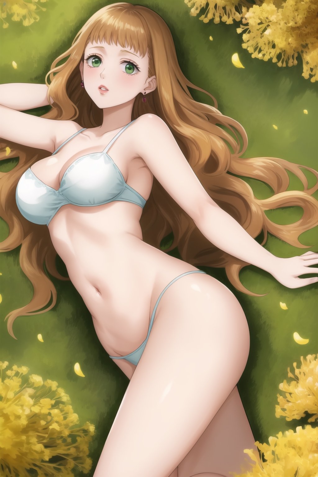 masterpiece, best quality, highres,Sexy, Mimosa Vermillion, dreamy green eyes, earrings, with astounding soft skin and soft pale body, body covered in mimosas flowers, (long brown wavy hair flowing around her until mid-thigs:1.05), sensual look, looking at you, lips, lying on a field of mimosas, fulll body, frontal view, strange fashion Women'sday_theme (Professional illustration)