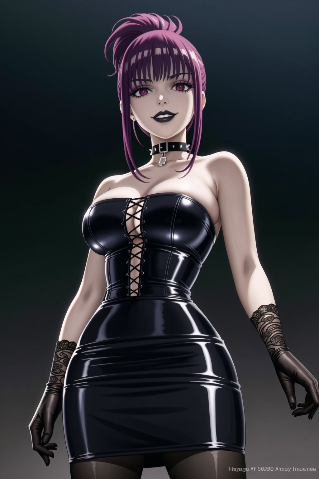 ((best quality)),  ((highly detailed)),  masterpiece,(Black lips:1.4), (white skin:1.4), ((official art)),  detailed face,  beautiful face, (cross-laced clothes:1.3), narrow_waist:1.3, dominatrix:1.4 , (intricate Black dress:1.4), (detailed eyes,  deep eyes),(science fiction, cyberpunk:1.3, street, shopping, dark background),((smirk, grin, naughty face, seductive smile, smug)) ,cowboy shot,(lips), (fern, bangs, purple hair, (sidelocks:1.3), (ponytail:1.3), blunt bangs), (red eyes:1.3),   (spiked bracelet), corset:1.4,chinese dress:1.2, (intricate black earring:1.3), curvaceous, voluptuous body, (makeup:1.5) (lips:1.3), (latex),  (black tube top:1.2), gloves, fingerless gloves, skirt, black choker, belt, pencil skirt, pantyhose, miniskirt, (black skirt), black gloves, black legwear, black choker, Black nails,large breasts:1.2, conspicuous elegance, snobby, upper class elitist, possesses an arroaant charm. her Dresence commands attention and enw, (intricately detailed, hyperdetailed), blurry background, depth of field, best quality, masterpiece, intricate details, tonemapping, sharp focus, hyper detailed, trending on Artstation, 1 girl, solo, high res, official art,RockOfSuccubus,<lora:659111690174031528:1.0>