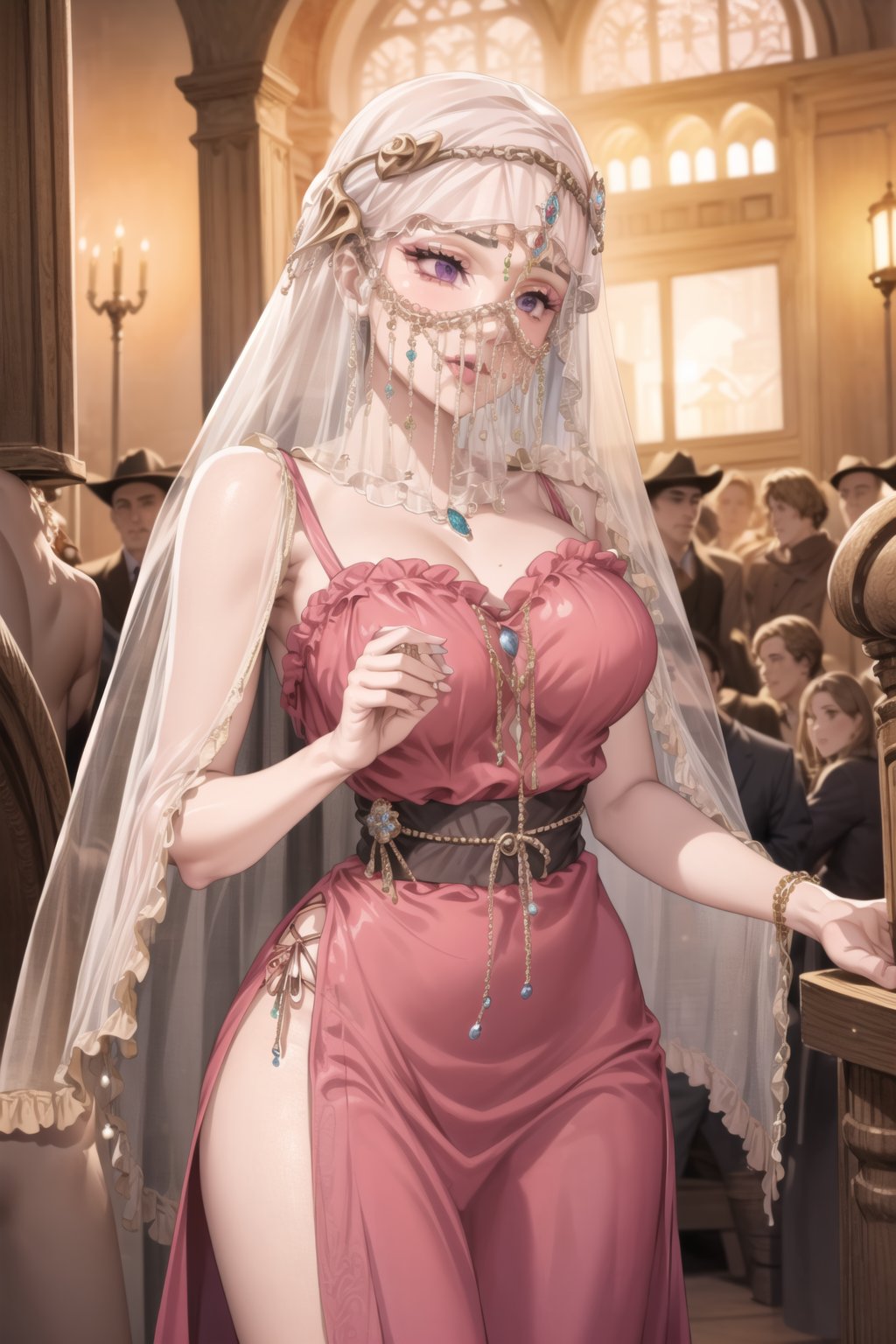 ((best quality)), ((highly detailed)), masterpiece, ((official art)), detailed face, beautiful face, (detailed eyes, deep eyes), seductive posing, (cowboy shot),diane, long hair, brown hair, purple eyes, empty eyes:1.2,,((veil, transparent,mask Veil,Veil)) v3il, face veil, (forehead jewel opal), crystal head veil, (cowboy shot), eyeliner, eyeshadow, makeup, ,ethereal nightgown, (sash), (cowboy shot), grand hall, . shallow depth of field, vignette, highly detailed, high budget, bokeh, cinemascope, moody, epic, gorgeous, film grain, grainy