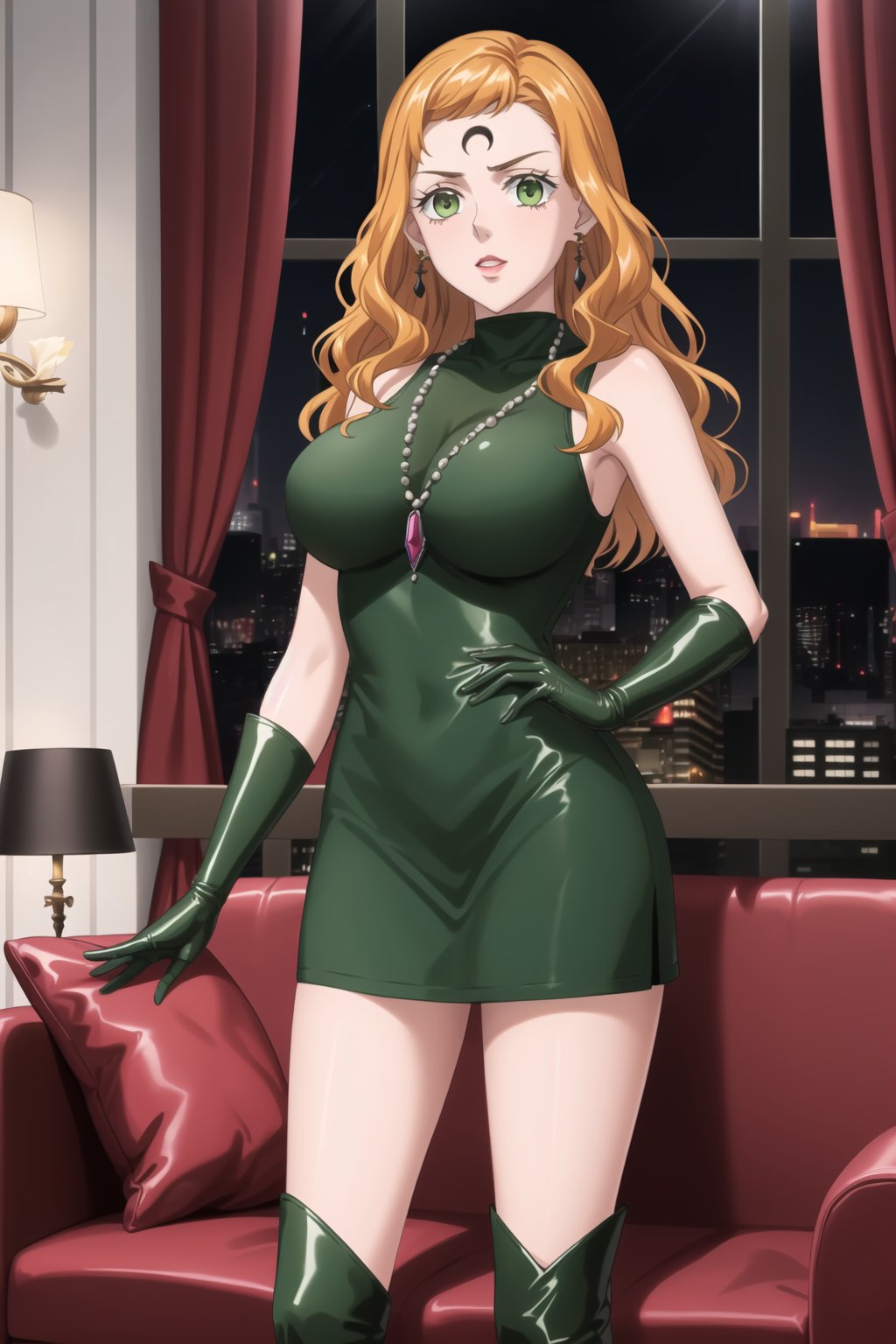 (best quality), (highly detailed), masterpiece, (official art),mimosa vermillion, orange hair, green eyes.
Forehead mark, crescent facial mark, black crystal earrings, jewelry.  Dark green dress, latex, sleeveless dress, turtleneck_dress, short dress, elbow gloves, green gloves, black knee-high boots, large turquoise necklace, gemstone necklace:1.2, standing.
Modern luxury lounge with dim lighting, featuring sleek black leather sofas, glass tables, and soft ambient lighting from wall sconces. A large window in the background reveals a city skyline at night, adding a touch of sophistication to the scene.,b1mb0