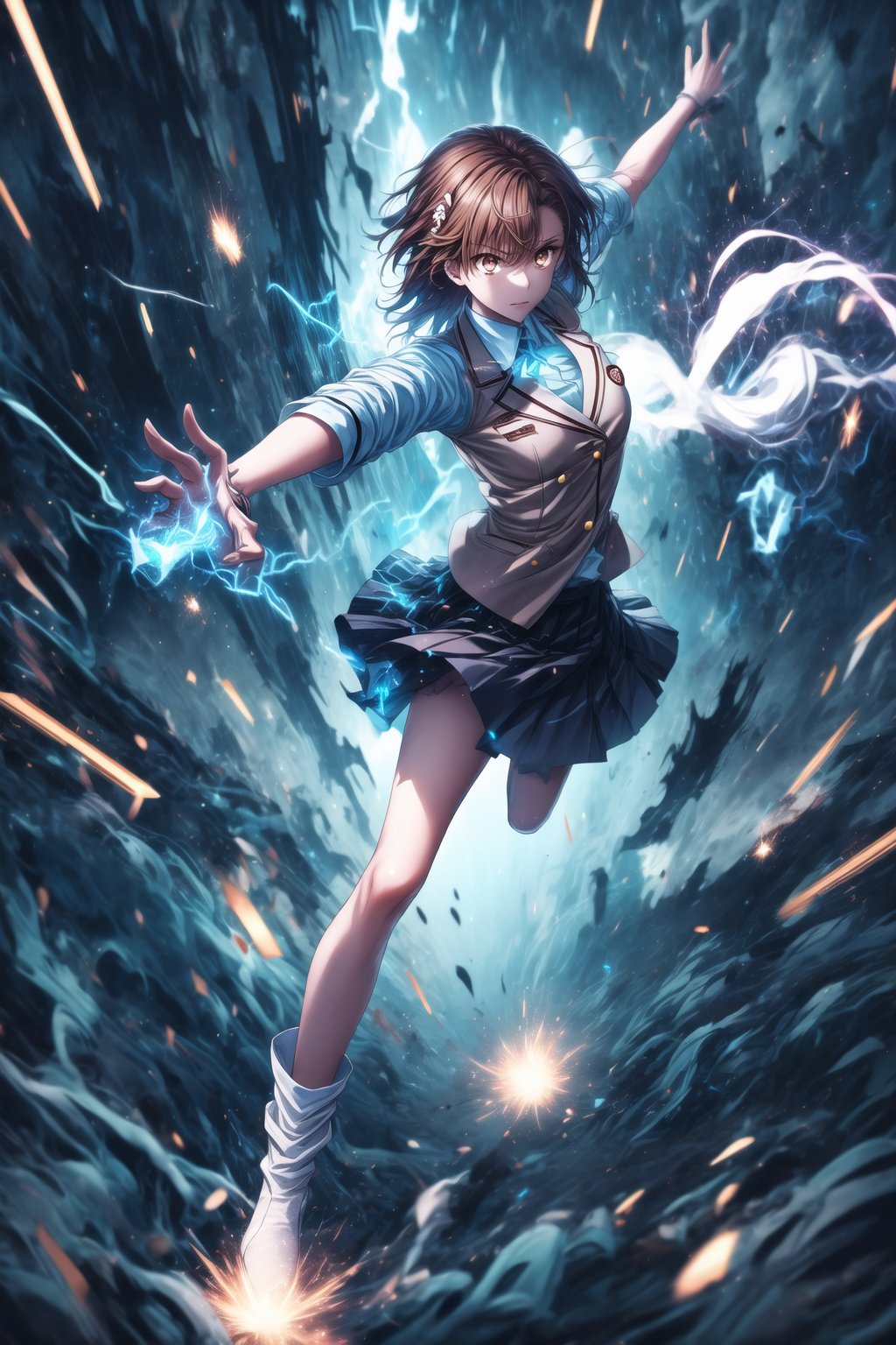 1girl, mikoto_misaka, short hair, brown hair, brown eyes, school_uniform, skirt, electricity, high-speed_movement, dashing_forward, body in motion, electric currents trailing behind her, fast movement, intense focus in her eyes, wind blowing through her hair, sparks flying off her feet as she moves, dynamic pose with one arm extended, GFX elements: motion blur on her body, glowing electric trails, neon blue lightning following her path, electric arcs cracking through the air, high-speed distortion, particles floating in the energy trail, glowing flares from her movement, debris lifting from her path, high contrast between shadows and light, electric sparks reflecting off nearby surfaces, intense cinematic energy,aamikoto