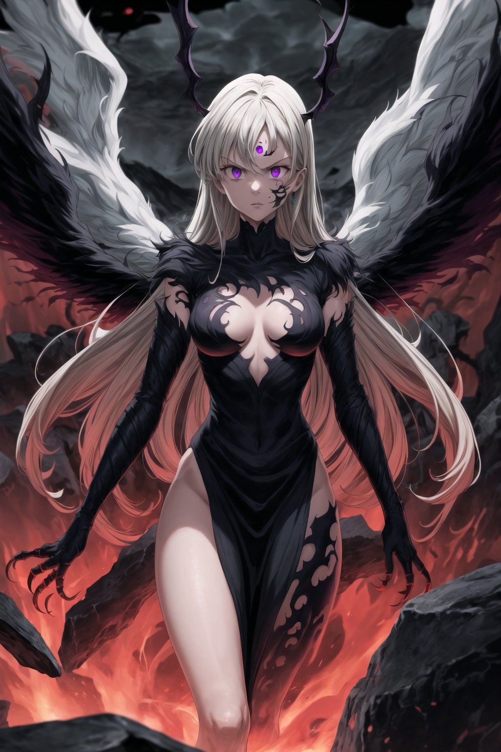 monochrome,greyscale,(tattoo,facial mark,aura,glowing,bodypaint,smoke,dark aura:1.2),1girl,long hair,medium breasts,black hair,angry,purple eyes,wings,claws,looking at viewer,nude,censored,armor,convenient censoring,Elizabeth, black hair, lips, ruler of hell, stands as a malevolent dictator, her long hair flowing like darkness itself, gradient from white to dark, framing her cold gaze. Her elaborate gown, adorned with sinister symbols and glowing red accents, reflects her dominance and cruelty. The background features a hellish landscape: rivers of lava, jagged rocks, tormented souls, and dark clouds with lightning. Eerie, red and black glows illuminate the scene, capturing the dark and oppressive atmosphere of her dominion.