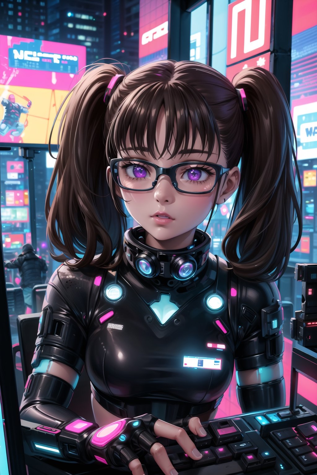 masterpiece,best quality,highres,ultra-detailed,diane, ((twintails)), purple eyes, brown hair, bangs,  ((hacker)), ,fishnets ,computer, monitor, wive, cable,(( cyberpunk)), indoors, neon nigth, ((Cyborg)), ((star wars)), chip, cyberpunk, collar, confident and curious gaze, futuristic cyberpunk hacker attire, high-tech bodysuit with glowing circuitry patterns, fingerless gloves and augmented reality glasses, underground hacker den, surrounded by screens displaying code and data, typing rapidly on a holographic keyboard, exuding intelligence and tech-savviness, cyberpunk and gritty atmosphere, dark color palette with neon highlights