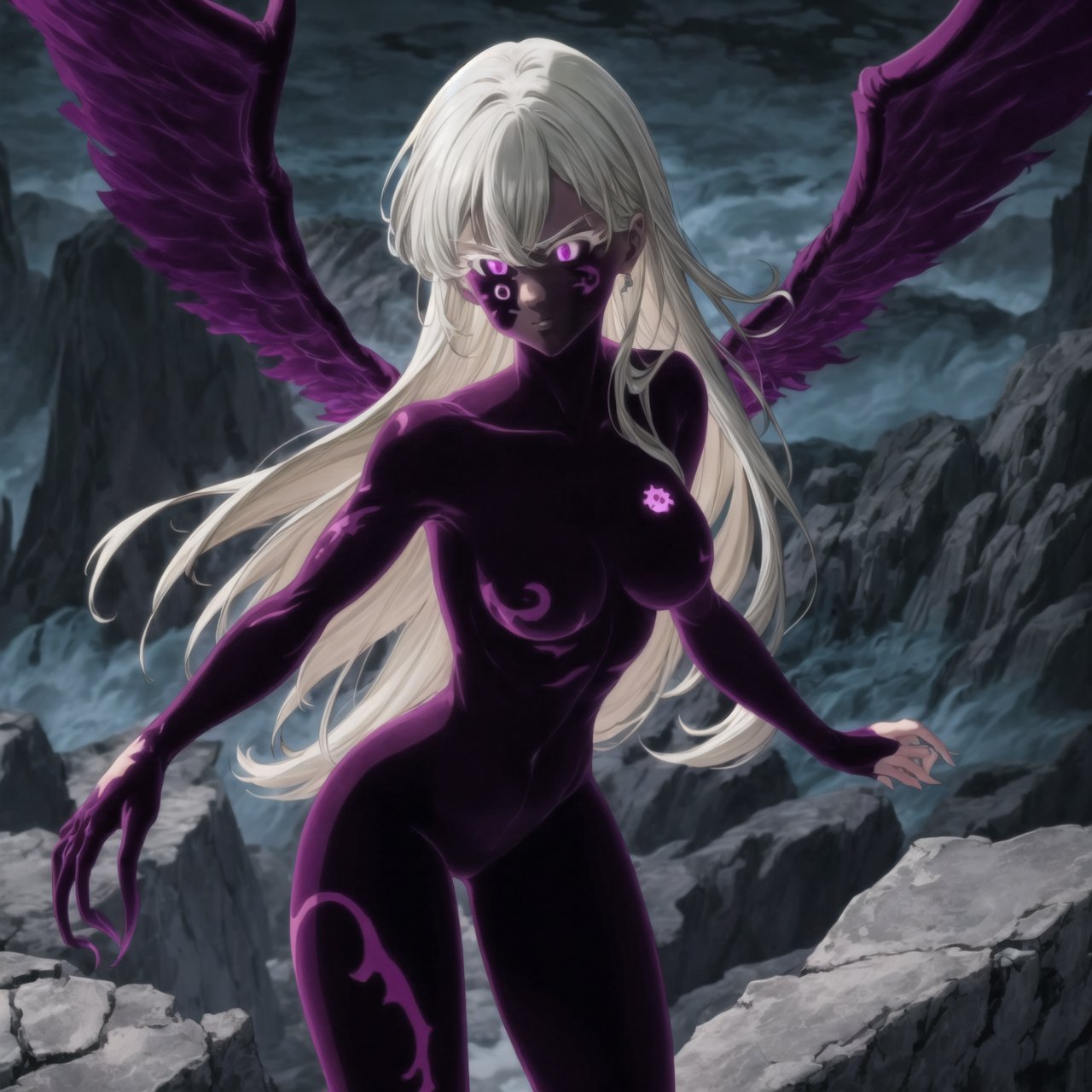 (tattoo,facial mark,aura,glowing,bodypaint,smoke,dark aura:1.2),1girl,long hair,medium breasts,black hair,angry,purple eyes,wings,claws,looking at viewer,nude,censored,armor,convenient censoring,Elizabeth, black hair, lips, ruler of hell, stands as a malevolent dictator, her long hair flowing like darkness itself, gradient from white to dark, framing her cold gaze. Her elaborate gown, adorned with sinister symbols and glowing red accents, reflects her dominance and cruelty. The background features a hellish landscape: rivers of lava, jagged rocks, tormented souls, and dark clouds with lightning. Eerie, red and black glows illuminate the scene, capturing the dark and oppressive atmosphere of her dominion.