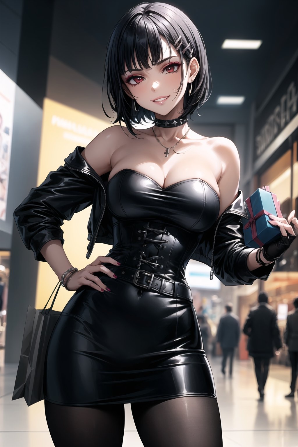 ((best quality)),  ((highly detailed)),  masterpiece,  ((official art)),  detailed face,  beautiful face,  (detailed eyes,  deep eyes),((extended_arm, presenting_gift, shopping_bag, gift_giving, front_view, gesture)),(science fiction, cyberpunk:1.2, street, shopping, dark background),((smirk, grin, naughty face, seductive smile, smug, arm behind head, hand_on_own_hip, head_tilt)),, ,cowboy shot,(lips), ,kirigaya suguha, blunt bangs, short bangs, black hair:1.3, short hair, hair ornament, hairclip,(red eyes),  cross-laced clothes, (spiked bracelet), necklace, corset, hoop earring, curvaceous, voluptuous body, (makeup:1.3) (lips:1.3), (latex), (black top), (black strapless:1.2), gloves, fingerless gloves, jacket:1.3, skirt, black choker, black leather jacket, (dark jacket), belt, pencil skirt, pantyhose, open jacket, miniskirt, (black skirt), black gloves, black legwear, black choker, medium breast, conspicuous elegance, snobby, upper class elitist, possesses an arroaant charm. her Dresence commands attention and enw, (intricately detailed, hyperdetailed), blurry background, depth of field, best quality, masterpiece, intricate details, tonemapping, sharp focus, hyper detailed, trending on Artstation, 1 girl, solo, high res, official art