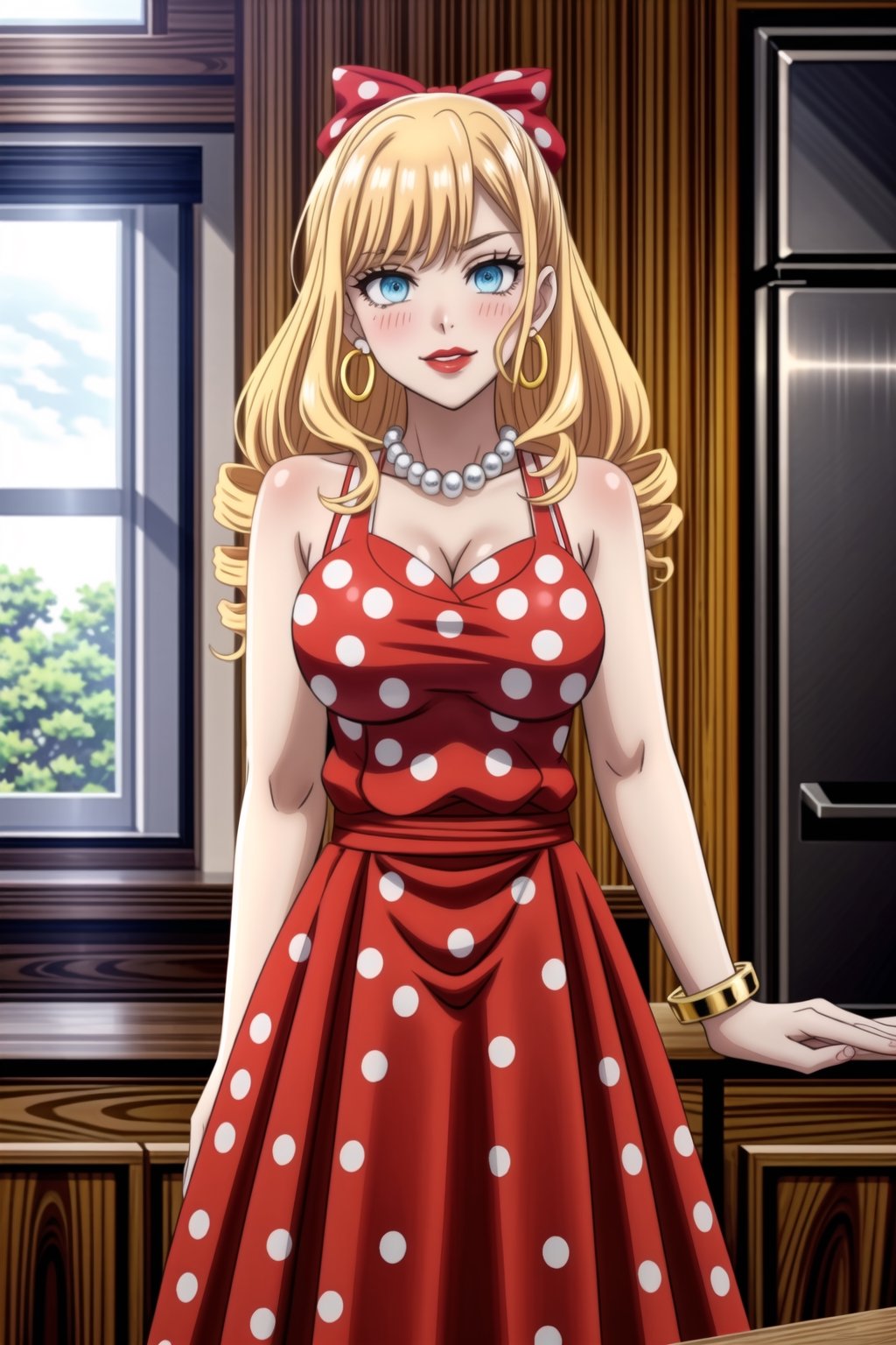 ((best quality)),  ((highly detailed)),  masterpiece,1girl, 1girl,  seductive smile, solo,   (Stepford),lips, makeup, lipstick,red lips, (pose),(polka dot:1.4), (polka dot dress:1.4),(pearl necklace:1.2), pearl bracelet, bare shoulders,(red dress:1.2),aroused, blush ,standing,  (large pearl necklace), (hoop earrings:1.2), looking at viewer, standing, cowboy shot, kitchen, cooking, indoors, house, windows, cortain, food,ClaireFran ,jewelry,bangs,drill hair, hair bow, blue eyes, bow ,blonde hair, long hair,drill hair,<lora:659111690174031528:1.0>