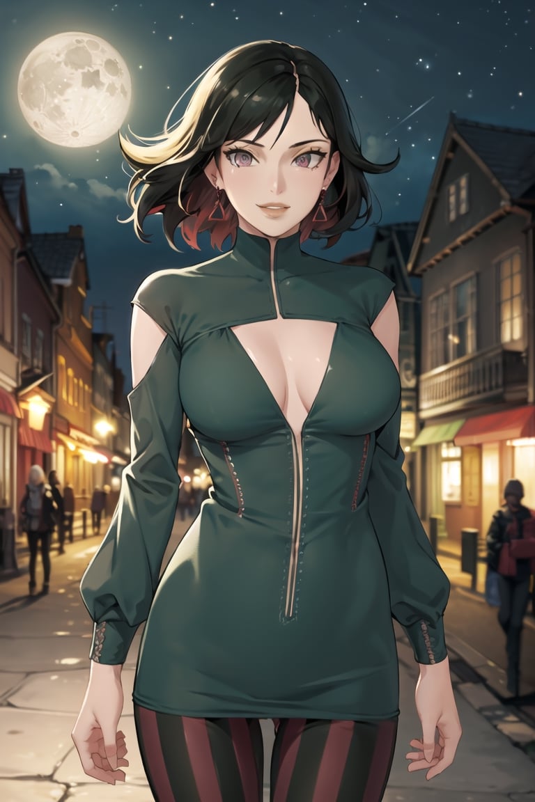 masterpiece, best quality, Ruby rose, short hair, delta_dress, earrings, smile, (upper body), best quality, masterpiece, intricate details, scenary, city, outdoors, night, sky, moon, trending on Artstation,1 girl, solo,looking at viewer, thigh gap, cowboy shot, standing,(intricately detailed, hyperdetailed), blurry background,depth of field, best quality, masterpiece, intricate details, tonemapping, sharp focus, hyper detailed, trending on Artstation,1 girl, high res, official art,atlasrose,ruby rose