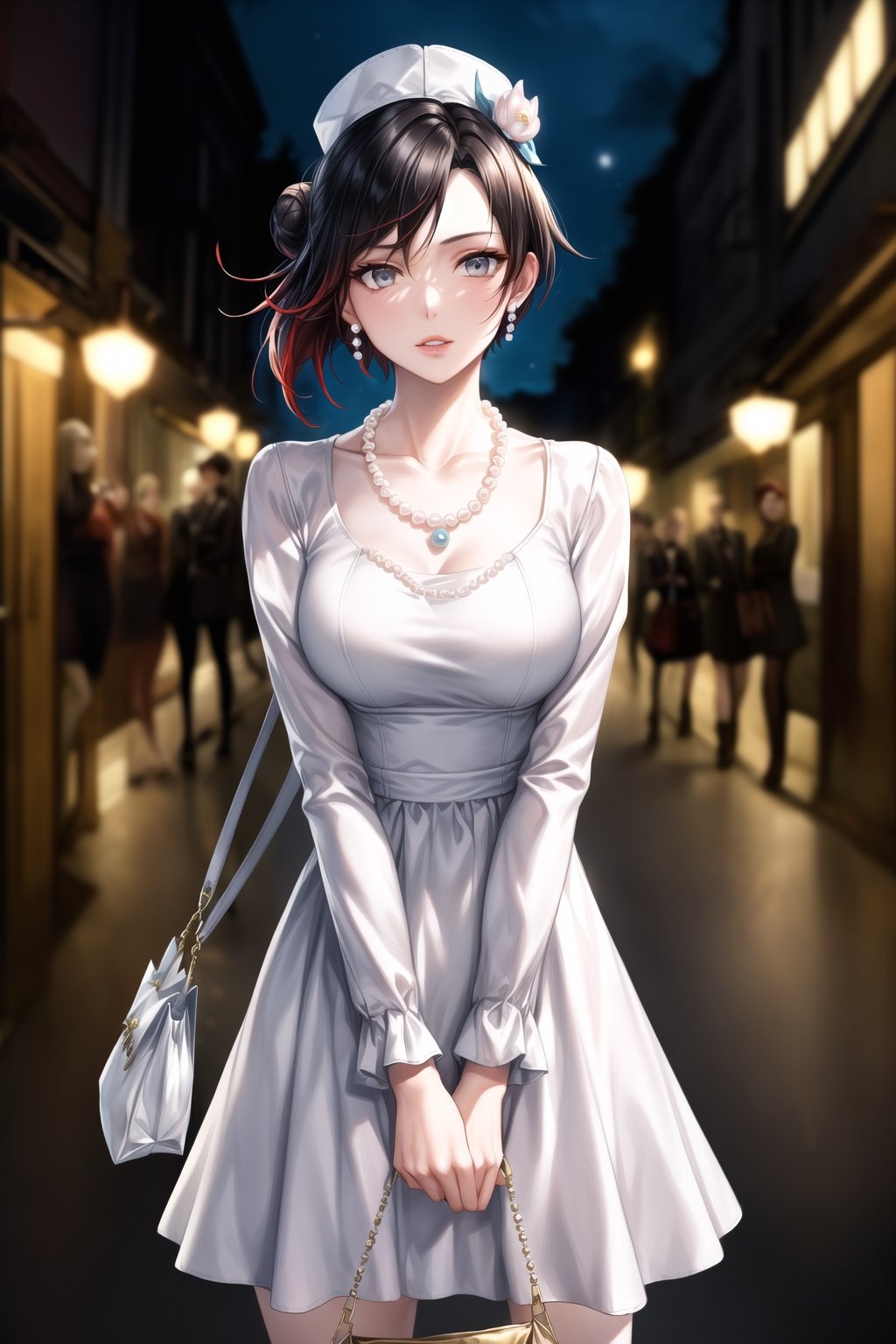 (best quality), (highly detailed), masterpiece, (official art), ,(ruby rose:1.2, hair bun:1.3), makeup:1.3, (lips:1.2), parted_lips, blue earrings:1.3,jewelery:1.3,((long sleeves,  dress, ribbon, ccollarbone, white dress:1.3,  white headwear,  pearl necklace:1.3, holding, holding bag, v arms:1.3)), looking at viewer, china, asiática, city, night, sky,  (intricately detailed, hyperdetailed), blurry background,depth of field, best quality, masterpiece, intricate details, tonemapping, sharp focus, hyper detailed, trending on Artstation,1 girl, high res, official art,StandingAtAttention,bestiality