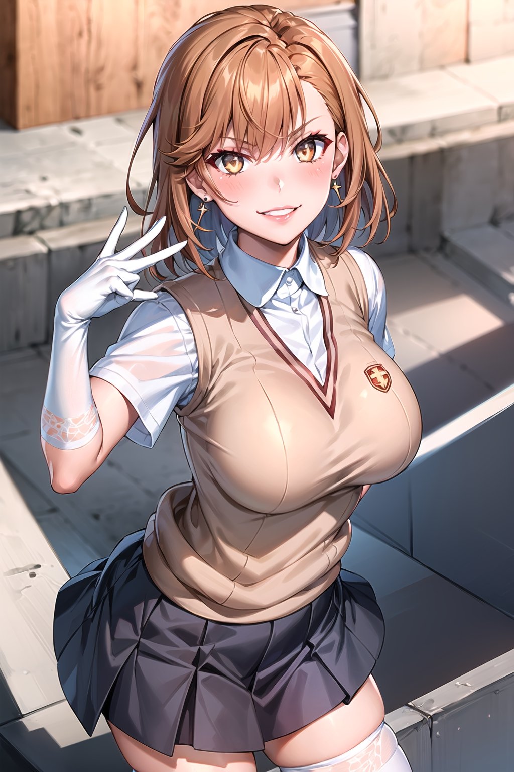 ((best quality)),  ((highly detailed)),  masterpiece,1girl, ((closed_mouth, sparkling_eyes, smug, shaded_face,evil smile)),(large breasts), tokiwadai school uniform, sweater vest, short sleeves, (](white gloves, elbow gloves)), pleated skirt, white thighhighs ,1girl, lips:1.3, red lips, makeup:1.3, ((gyaru)) ,jewelry, blush, earrings, looking at viewer, standing, cowboy shot, red hair, school, short hair, aamikoto ,hmmisaki,hypnoCollar,V-shaped eyebrows, 1girl