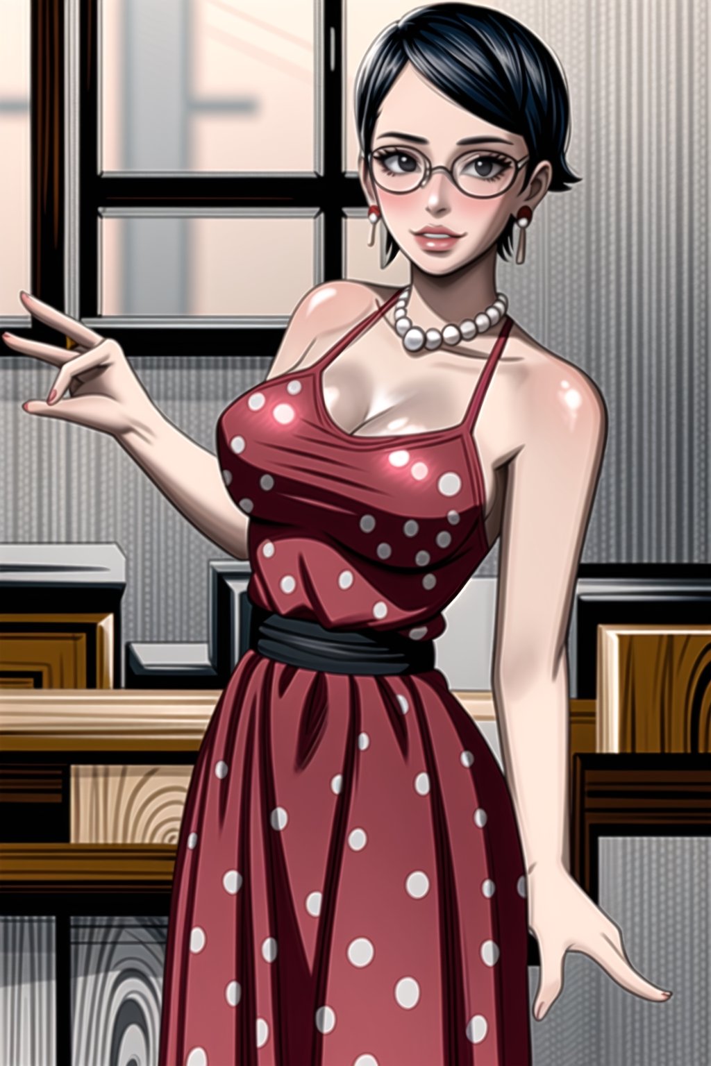 (best quality), (highly detailed), masterpiece, (official art),(sarada, black eyes, jewelry, earrings , glasses, swept bangs),(Stepford),lips, makeup, lipstick,red lips,smile, (pose),(polka dot:1.4), (polka dot dress:1.4),(pearl necklace:1.2), pearl bracelet, bare shoulders,(red dress:1.2),(aroused), nose blush ,standing, big breasts, (large pearl necklace), (hoop earrings:1.2), looking at viewer, window, indoors, scenery, intricately detailed, hyperdetailed, blurry background, depth of field, best quality, masterpiece, intricate details, tonemapping, sharp focus, hyper detailed, trending on Artstation, 1 girl, high res, official art,,,<lora:659111690174031528:1.0>