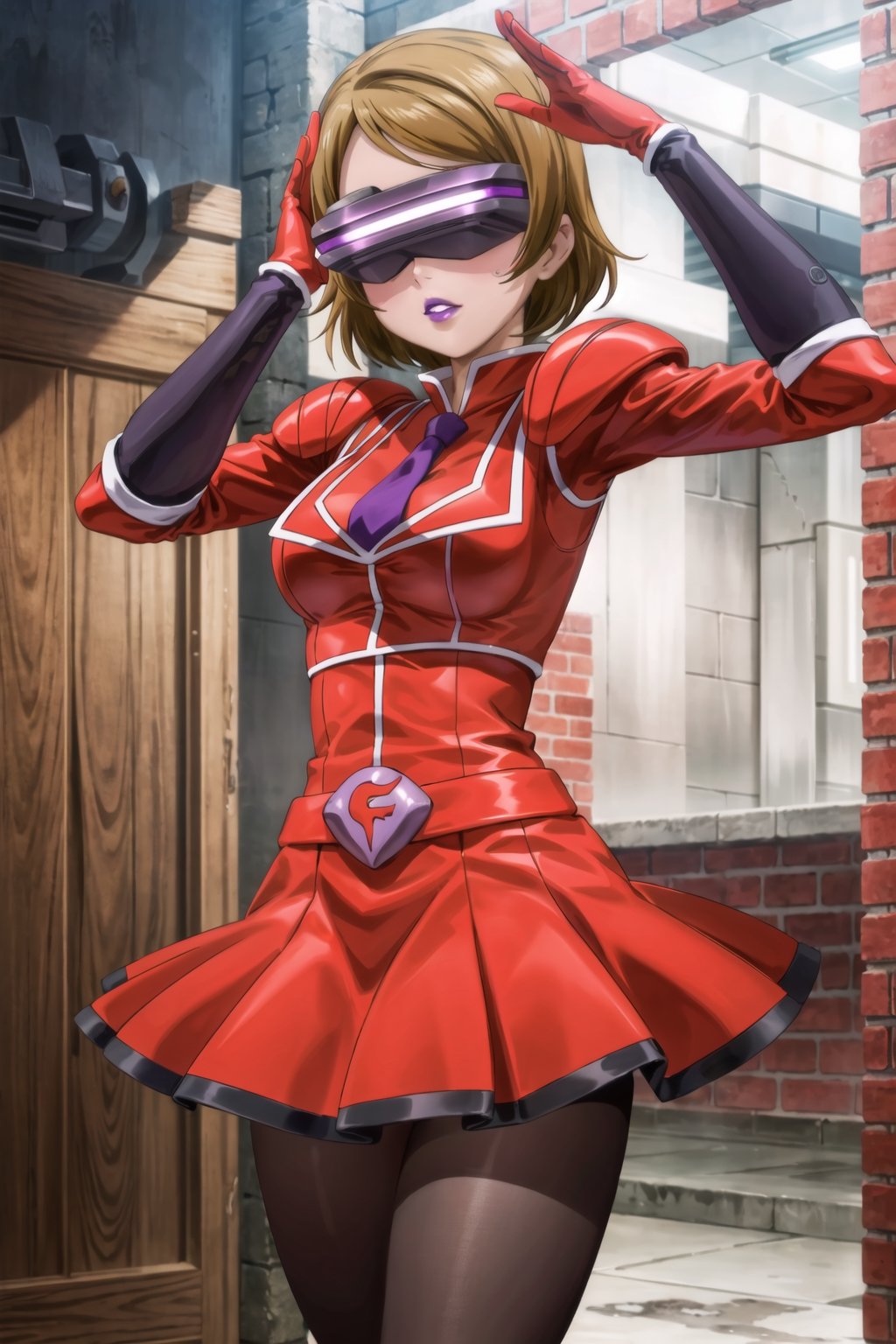 (best quality), (highly detailed), masterpiece, (official art),hanayo koizumi, brown hair, short hair, mature_female, 1girl, solo, ((head-mounted display)), ((purple lips:1.2)), (team flare:1.2),  gloves,((armor, juliet_sleeves:1.2)), long_sleeves , pleated skirt,  necktie, red dress, belt, red dress, (pantyhose, red footwear1.2), (lips:1.2), ((arms at sides)),, cowboy shot, looking at viewer, indoors, blurry background,depth of field, best quality, masterpiece, intricate details, tonemapping, sharp focus, hyper detailed, trending on Artstation, salute, ,honoka kousaka,hanayo koizumi