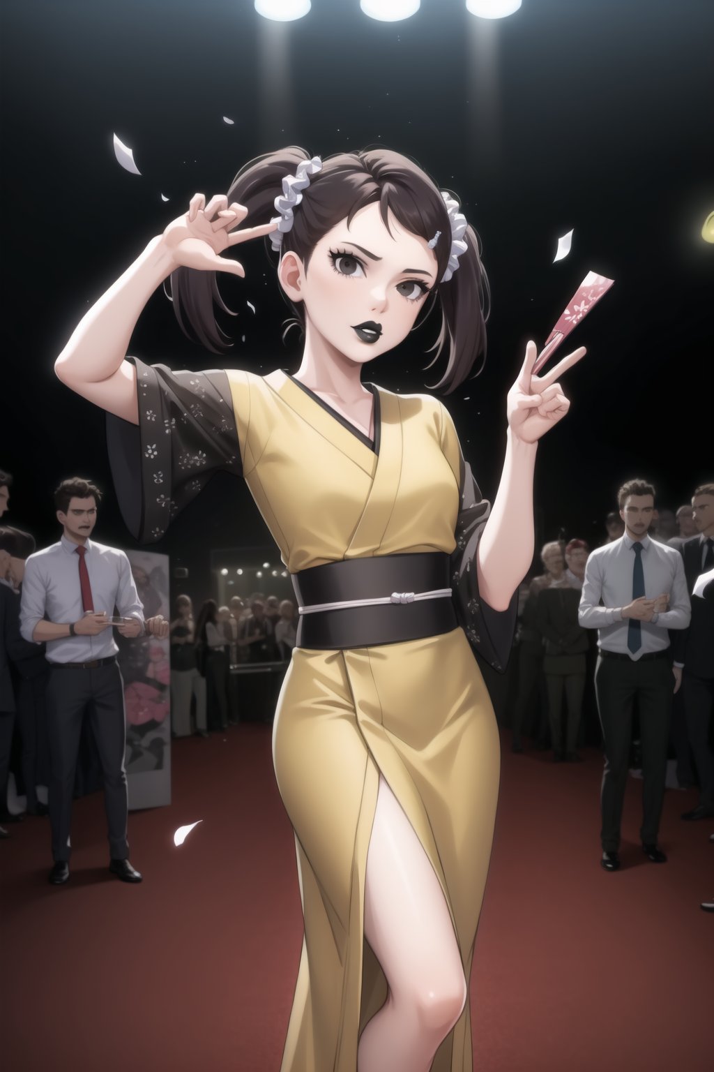 (best quality), (highly detailed), masterpiece, (official art),  becky blackbell, black hair, hair ornament, twintails, hairclip, scrunchie, hair scrunchie, lips:1.2, black lips:1.4, makeup:1.2, lipstick:1.2,  makeup, black eyes:1.2,black kimono,obi, dance,hand fan,white confetti,, looking at viewer, (/nightclub scene, neon lights)), , club, (nigth club), ,hd quality, perfect face ,realistic, realistic body , perfect face sync,night club,StandingAtAttention,night club,b1mb0, dancing:1.2,