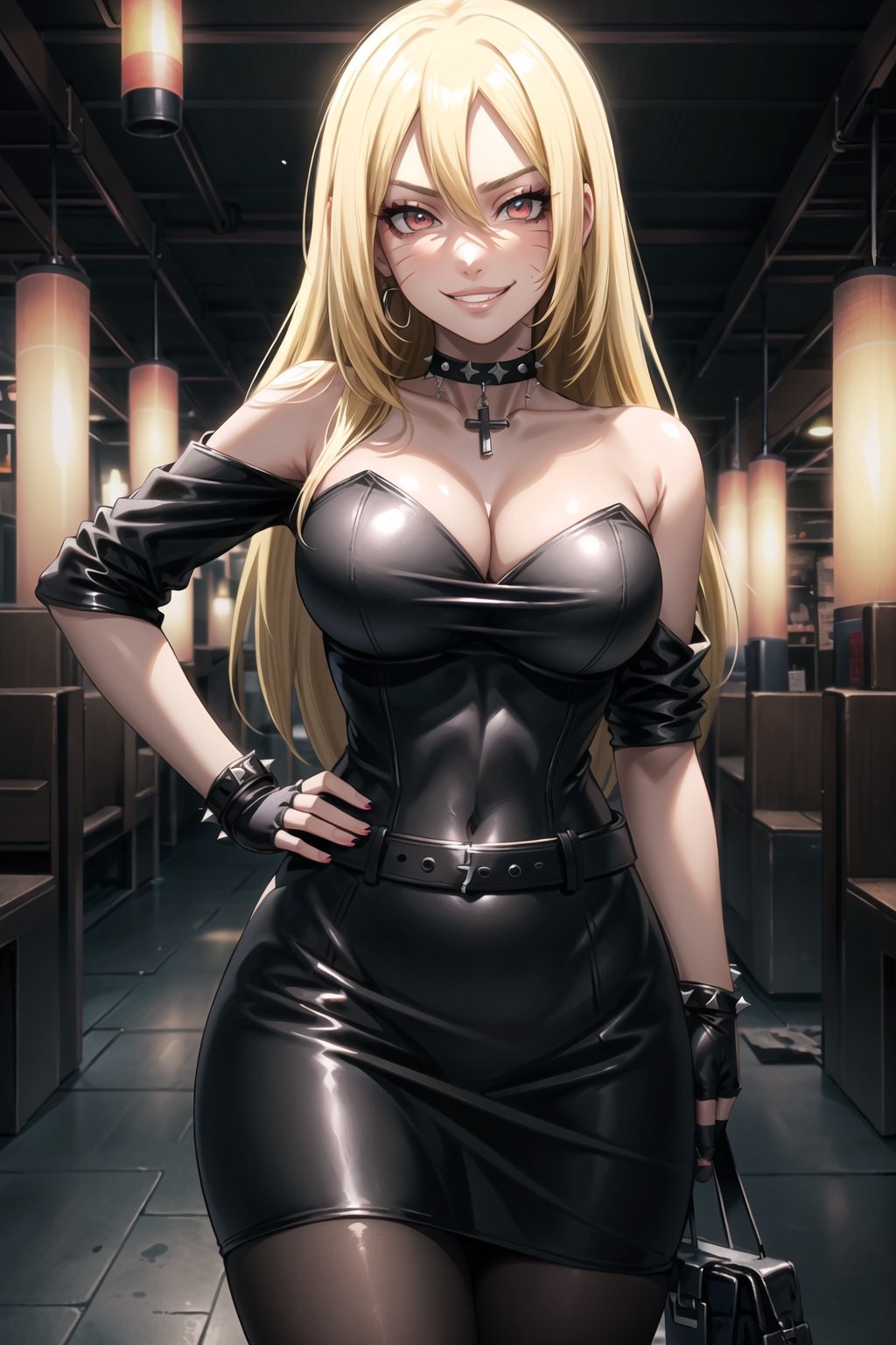 ((best quality)),  ((highly detailed)),  masterpiece,  ((official art)),  detailed face,  beautiful face,  (detailed eyes,  deep eyes),((extended_arm, presenting_gift, shopping_bag, gift_giving, front_view, gesture)),(science fiction, cyberpunk, room, dark background),((smirk, grin, naughty face, seductive smile, smug, arm behind head, hand_on_own_hip, head_tilt)),, ,cowboy shot,(lips), ,boruko, facial mark, long hair, blonde hair,  (red eyes),  cross-laced clothes, (spiked bracelet), necklace, corset, bustier, hoop earring, curvaceous, voluptuous body, navel, (makeup:1.3) (lips:1.3), (latex), (black top), (black tube top:1.2), gloves, fingerless gloves, jacket, skirt, black choker, black leather jacket, (dark jacket), belt, pencil skirt, pantyhose, open jacket, miniskirt, (black skirt), black gloves, black legwear, black choker, medium breast, conspicuous elegance, snobby, upper class elitist, possesses an arroaant charm. her Dresence commands attention and enw, (intricately detailed, hyperdetailed), blurry background, depth of field, best quality, masterpiece, intricate details, tonemapping, sharp focus, hyper detailed, trending on Artstation, 1 girl, solo, high res, official art