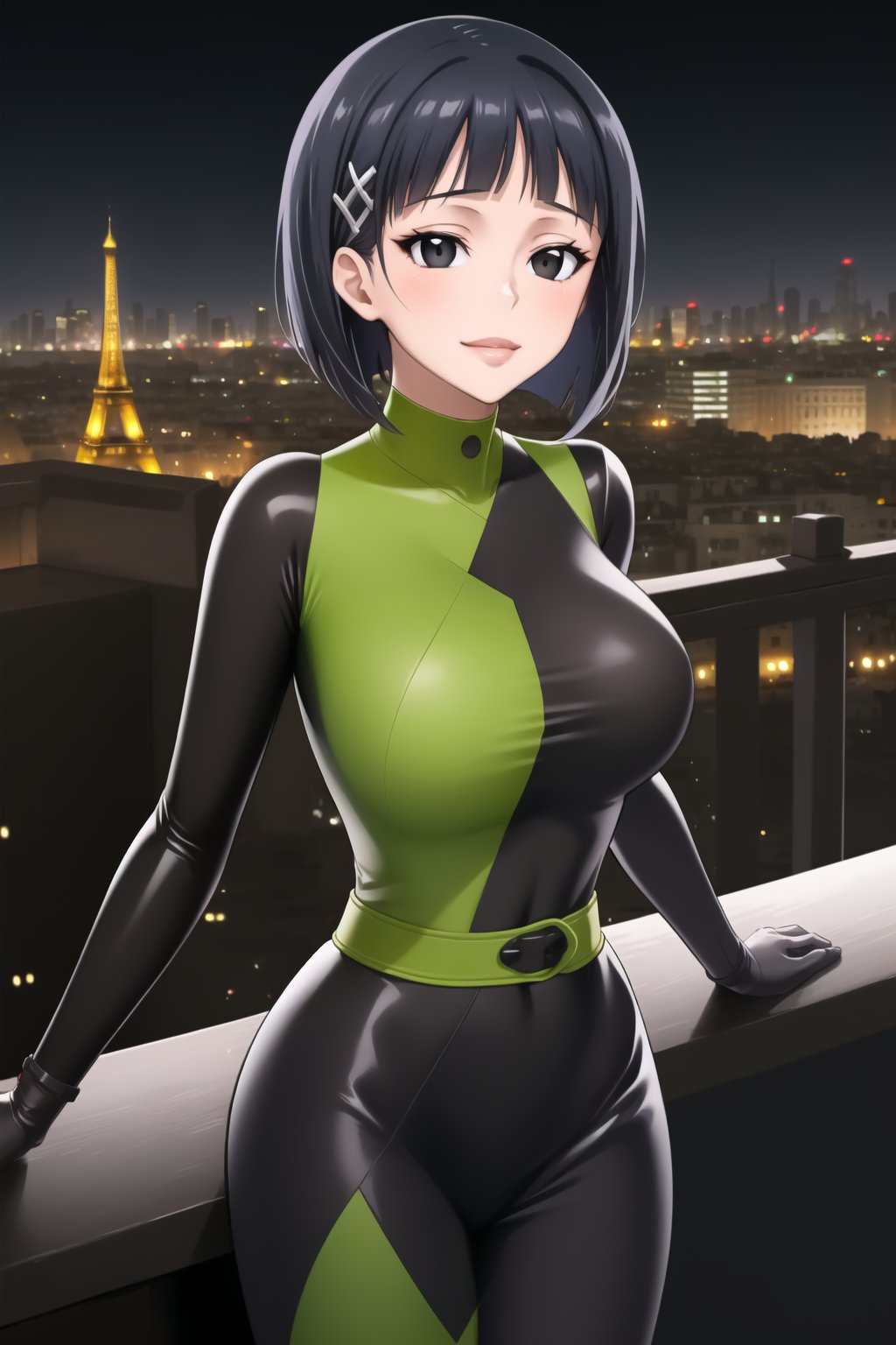 ((best quality)),  masterpiece, dynamic angle, (microchip), suguha, Bob cut, short hair, black hair, hair clip, black eyes, cyberpunk, paris, ruin,night ,(shegosuit) , (expressionless:1.2), smile, lips, scenery,  blurry background, 1 girl,  high res,  official art,empty eyes