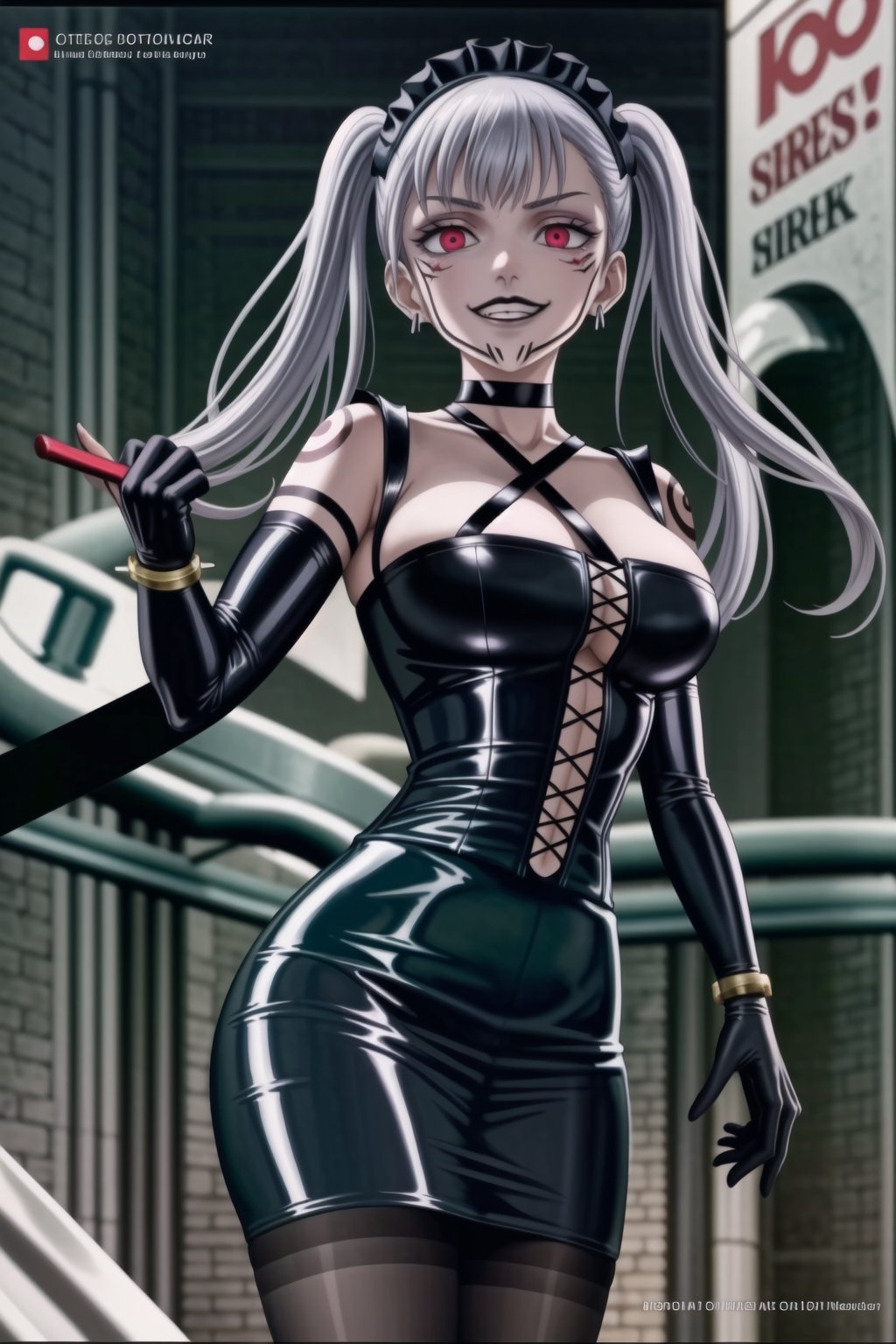 ((best quality)),  ((highly detailed)),  masterpiece, (Black lips:1.4),  ((official art)),  detailed face,  beautiful face, narrow_waist:1.3, dominatrix:1.3,puffy_short_sleeves, (sukunatattoo:1.3, maid:1.4) , (intricate black dress:1.4),top tube,  navel, midriff, (pubic tattoo:1.3), (detailed eyes,  deep eyes),(science fiction, cyberpunk:1.3, street, shopping, dark background),((smirk, grin, naughty face, seductive smile, smug)) ,,(lips), ((noelle_silva, silver hair,twintails, bangs, earrings, jewelry)) ,(red eyes:1.3),  cross-laced clothes:1.3, (spiked bracelet), corset:1.4, hoop earring, curvaceous, voluptuous body, (makeup) (lips:1.3), (latex),  (black tube top:1.2), gloves, elbow gloves, skirt, black choker, belt, pencil skirt, pantyhose, miniskirt, (black skirt), black gloves, black legwear, black choker ,large breasts, (intricately detailed, hyperdetailed), blurry background, depth of field, best quality, masterpiece, intricate details, tonemapping, sharp focus, hyper detailed, trending on Artstation, 1 girl, solo, high res, official art,RockOfSuccubus,,StandingAtAttention,,<lora:659111690174031528:1.0>