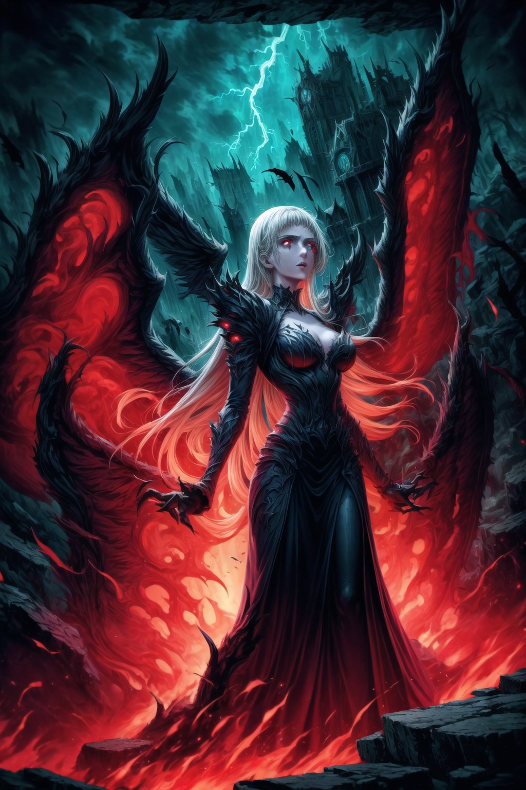 Elizabeth, white hair, lips, ruler of hell, black wings,darkness wings,wings,demon wings,stands as a malevolent dictator, her long hair flowing like darkness itself, gradient from white to dark, framing her cold gaze. Her elaborate gown, adorned with sinister symbols and glowing red accents, reflects her dominance and cruelty. The background features a hellish landscape: rivers of lava, jagged rocks, tormented souls, and dark clouds with lightning. Eerie, red and black glows illuminate the scene, capturing the dark and oppressive atmosphere of her dominion.