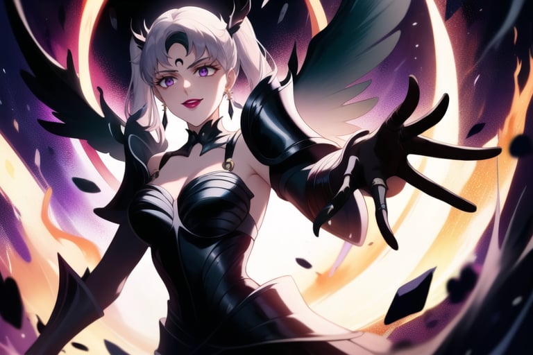 Here is a high-quality prompt for generating an image:

Official art masterpiece by noelle_silva,silver hair,twintails,bangs,purple eyes, Dark Thunder, aged up, poses confidently with silver hair flowing in the darkness. Her evil smile spreads across lips painted with bold lipstick, as she summons dark electricity to attack her foe. She wears retro-inspired armor, gloves, and jewelry, including black crystal earrings and a choker. A crescent-shaped facial mark glows ominously on her forehead. In the background, a subtle hint of a black moon casts an eerie shadow, further emphasizing her malevolent aura. Armor, wings, Holdibg a Dark Sword while charge a energy attack,