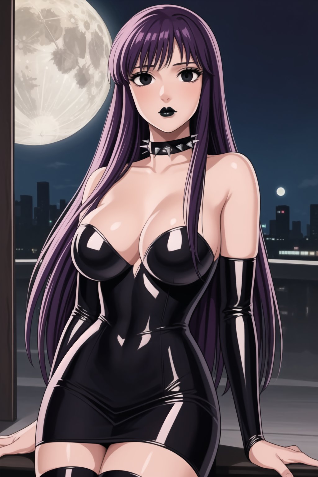 ((best quality)),  ((highly detailed)),  masterpiece,  ((official art)),(Saori Kido, Saori, long hair, black hair:1.3),((black eyes, empty eyes,expressionless,hypnosis)),(((white skin))) ,((makeup,lipstick, black lips:1.2)),absurdres, (spiked collar:1.2),  coyboy shot:1.3, thighhighs, lips,  blush,  (black latex:1.3),  black dress:1.2,  miniskirt  ((bodyconf)),  bare shoulders,  (( strapless)),  large breast,  looking at viewer,  street,  city,  nigth,  moon,  club,  (nigth club),  , hd quality,  perfect face , realistic,  realistic body,  perfect face sync,  , b1mb0,,,black lips,Saori Kido