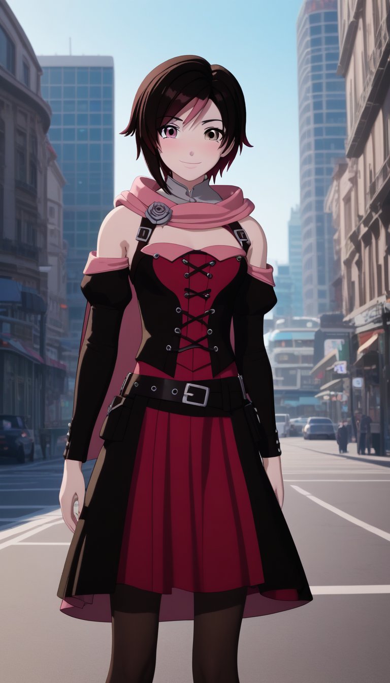 score_9, score_8_up, score_7_up, intricate details, ruby rose, short hair,  brown hair, brown eyes, pink hair, multicolored hair, pink eyes, two-tone hair, heterochromia, split-color hair,, evil smile,,dress, pantyhose, cape, corset, belt cityscape, street, bent over, smile, looking at viewer, solo, cowboy shot, dutch angle