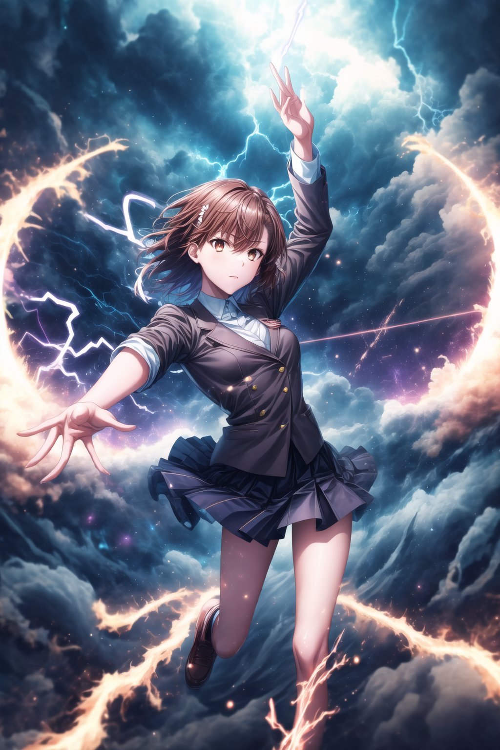 1girl, mikoto_misaka, short hair, brown hair, brown eyes, school_uniform, skirt, electricity, rising_into_the_air, floating, arms outstretched, head tilted up, electricity surging through the air around her, lightning bolts striking from the sky towards her, glowing electric field surrounding her body, static energy crackling through the scene, her body radiating with electric light, eyes glowing faintly, GFX elements: massive lightning strikes, electric storm in the sky, swirling dark clouds, glowing symbols in the air, shockwave distorting the space around her, electric arcs in the clouds, particles caught in the electric field, blue energy ripples, high-dynamic lighting, sharp electric highlights, charged atmosphere, motion blur on energy movements,aamikoto