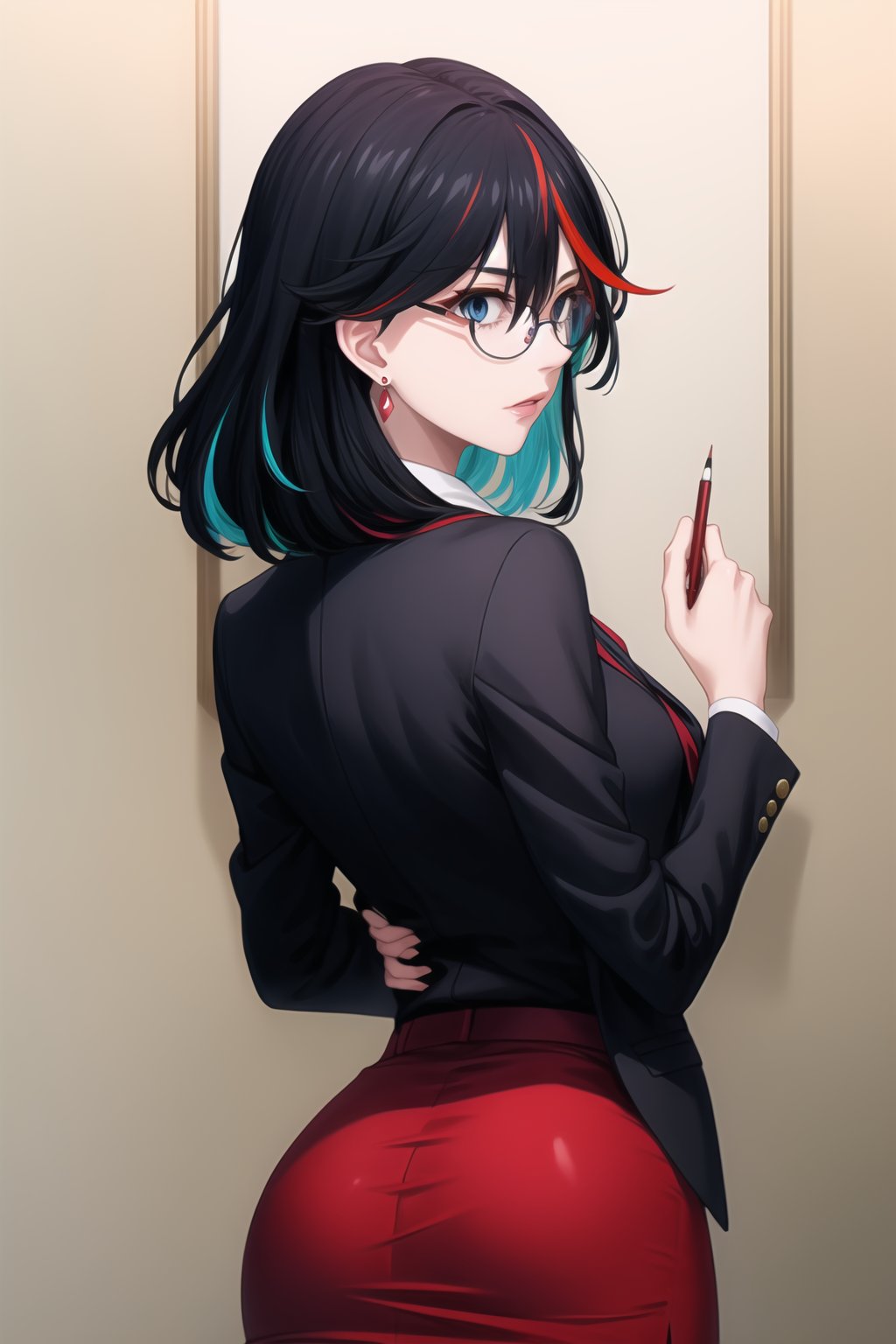 Ryuuko Matoi, the SKS Office Lady, stands stoic in a close-up shot. Her long, multicolored hair cascades down her back, while her blue eyes appear empty and expressionless. The subtle parting of her lips gives an air of subtle hypnosis. She wears glasses with red frames, a pencil skirt, pantyhose, earrings, and a necktie, exuding professionalism in formal attire. Her black hair streaked with red hues falls just above her shoulders, framing her bespectacled face.