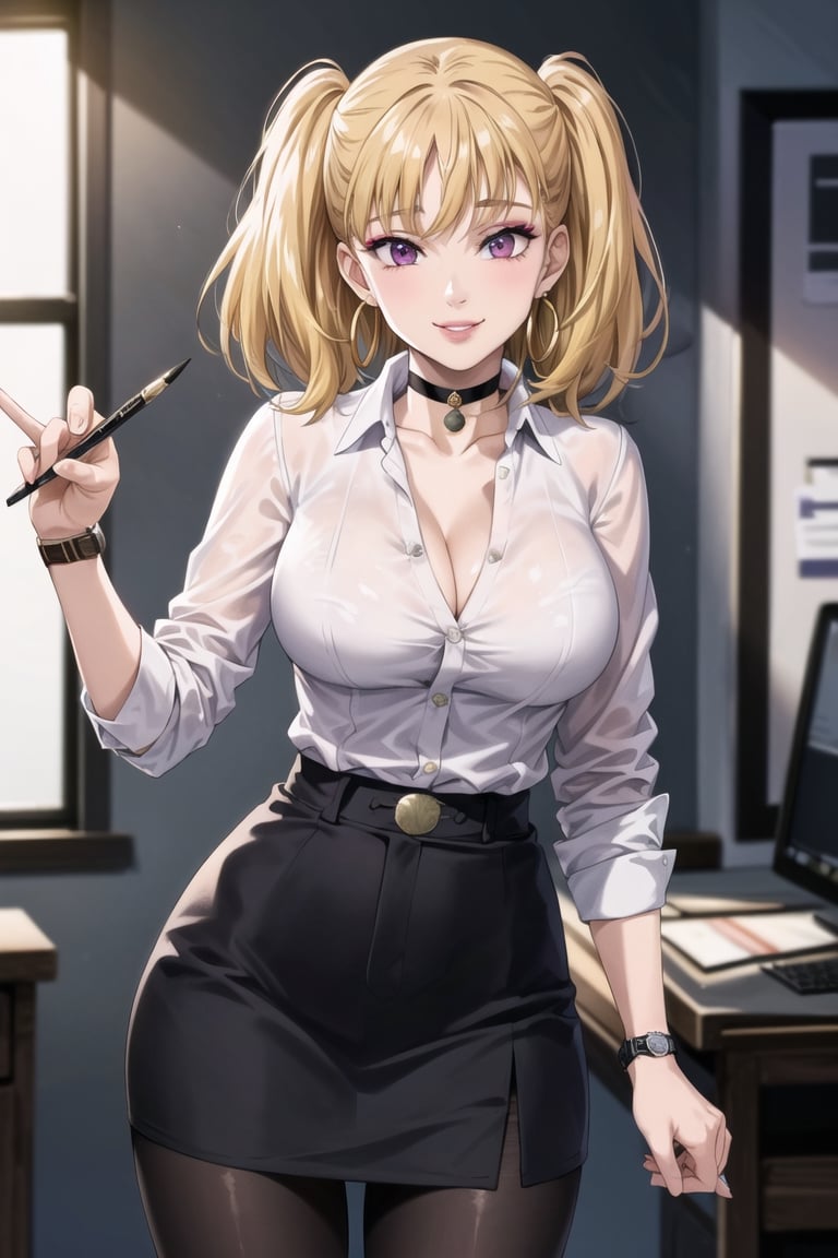 ((best quality)), ((highly detailed)), masterpiece, ((official art)), ( diane, twintails), (blonde hair:1.5),(yellow hair:1.3), (office:1.3), (window, indoors, plant), (seductive smile), (makeup:1.2),(choker:1.2),(hoop earrings), (high-waist skirt:1.2), (black skirt), (collarbone, cleavage) , (lips:1.2), (narrow_waist:1.2) , wristwatch, skirt, solo, (cowboy shot:1.2), standing, pencil skirt,(seductive pose:1.2) collared shirt, (office lady), (white shirt:1.2), (formal:1.1), shirt tucked in, (skirt suit), black pantyhose, dress shirt, intricately detailed, hyperdetailed, blurry background, depth of field, best quality, masterpiece, intricate details, tonemapping, sharp focus, hyper detailed, trending on Artstation, 1 girl, high res, official art