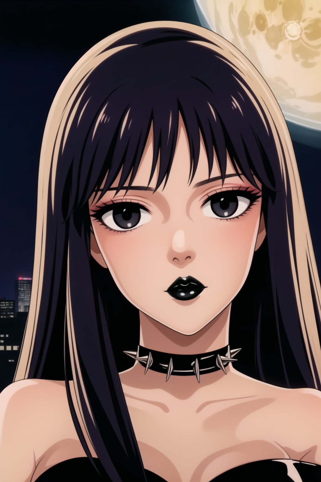 ((best quality)),  ((highly detailed)),  masterpiece,  ((official art)),(Saori Kido, Saori, long hair, black hair:1.3),((black eyes, empty eyes,expressionless,hypnosis)),(((white skin))) ,((makeup,lipstick, black lips:1.2)),absurdres, (spiked collar:1.2),  coyboy shot:1.3, thighhighs, lips,  blush,  (black latex:1.3),  black dress:1.2,  miniskirt  ((bodyconf)),  bare shoulders,  (( strapless)),  large breast,  looking at viewer,  street,  city,  nigth,  moon,  club,  (nigth club),  , hd quality,  perfect face , realistic,  realistic body,  perfect face sync,  , b1mb0,,,black lips