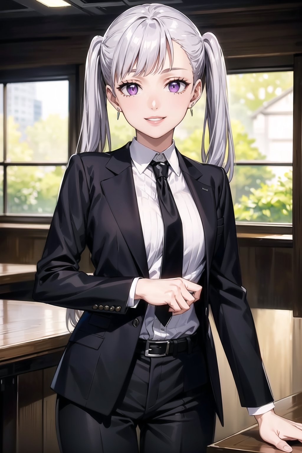 (best quality), (highly detailed), masterpiece, (official art), oelle_silva, long hair, purple eyes, twintails, bangs, earring, silver hair,  lips, smile, necktie,  black jacket,(black suit), open suit, long sleeves, shirt tucked in,looking at viewer, shirt, black necktie, white shirt, medium breasts,window, formal, office lady,pants, black pants, black belt, business suit, suit,  (intricately detailed, hyperdetailed), blurry background,depth of field, best quality, masterpiece, intricate details, tonemapping, sharp focus, hyper detailed, trending on Artstation,1 girl, solo,high res,official art